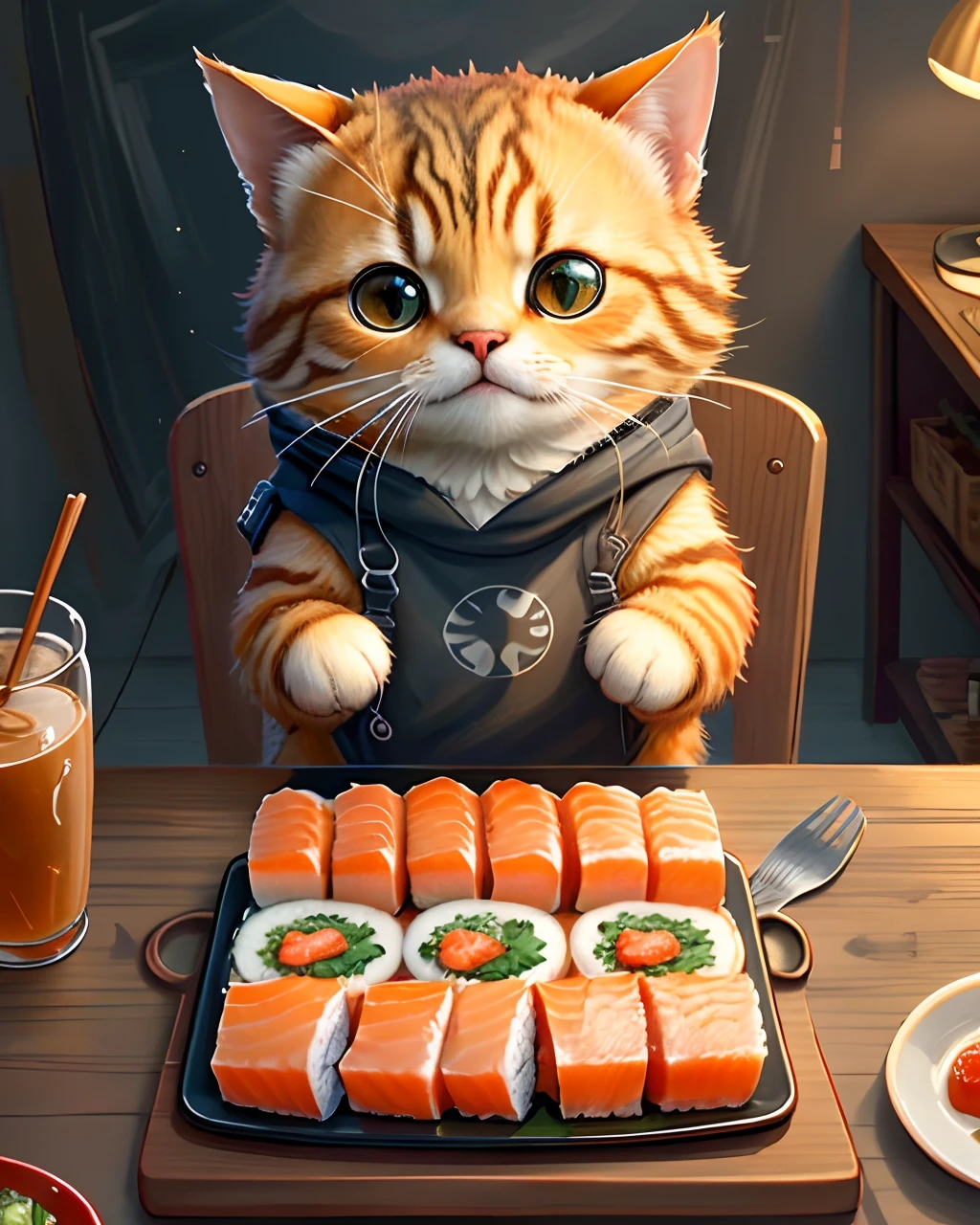 "Create a masterful masterpiece of a cute cat eating salmon sushi, with ultra-detailed concept art inspired by. Utilize Stable Diffusion's power to unleash your inner Cu73Cre4ture programmer and bring your imagination to life!", high detailed, 8k