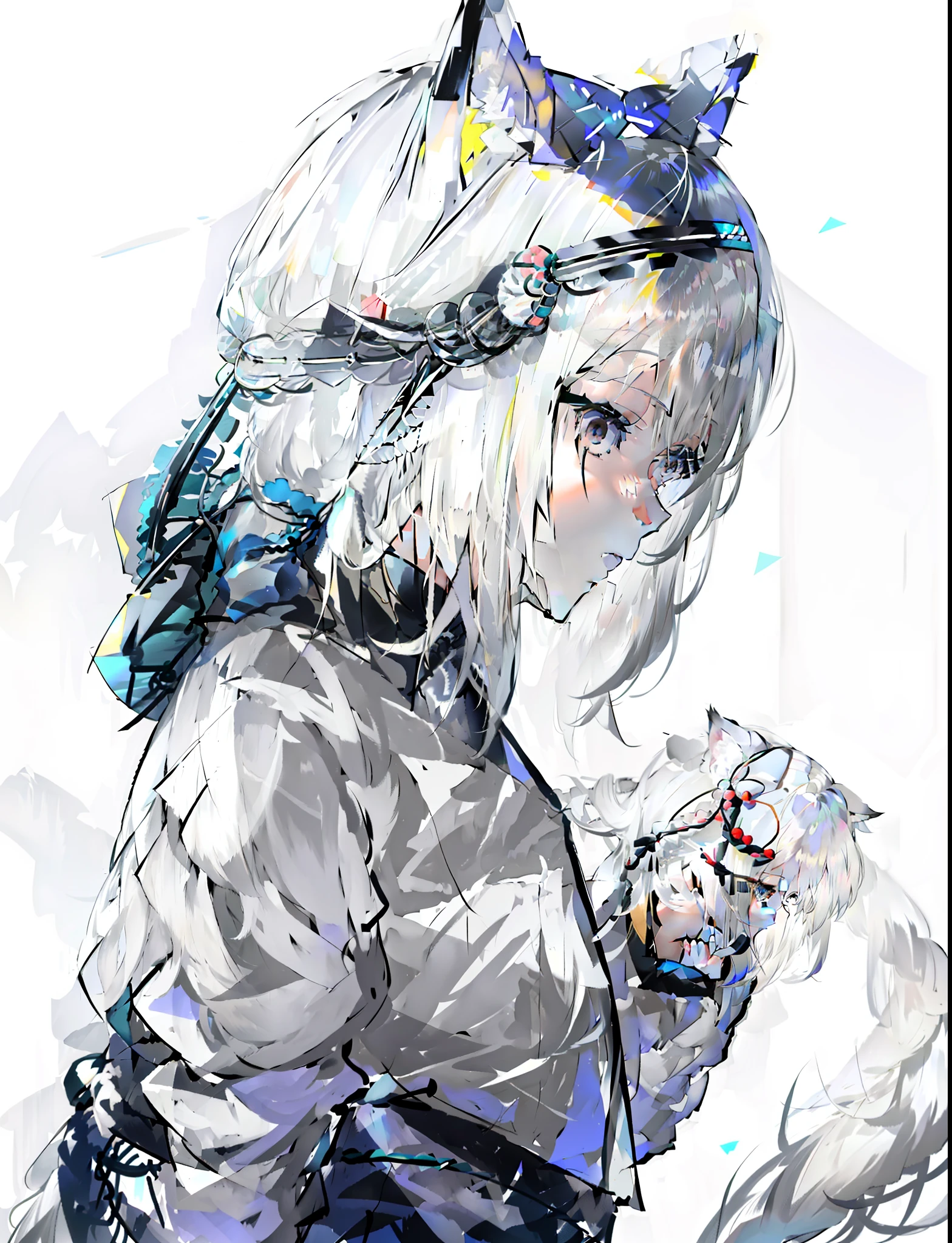 Anime girl with long white hair and black jacket holding flowers, Silver hair (pony tails), White-haired fox, From Arknights, beautiful anime catgirl, anime girl profile, anime girl with cat ears, with index finger, female anime character, anime figure, cute anime catgirl, (Anime girl), An anime girl, Holo is a wolf girl