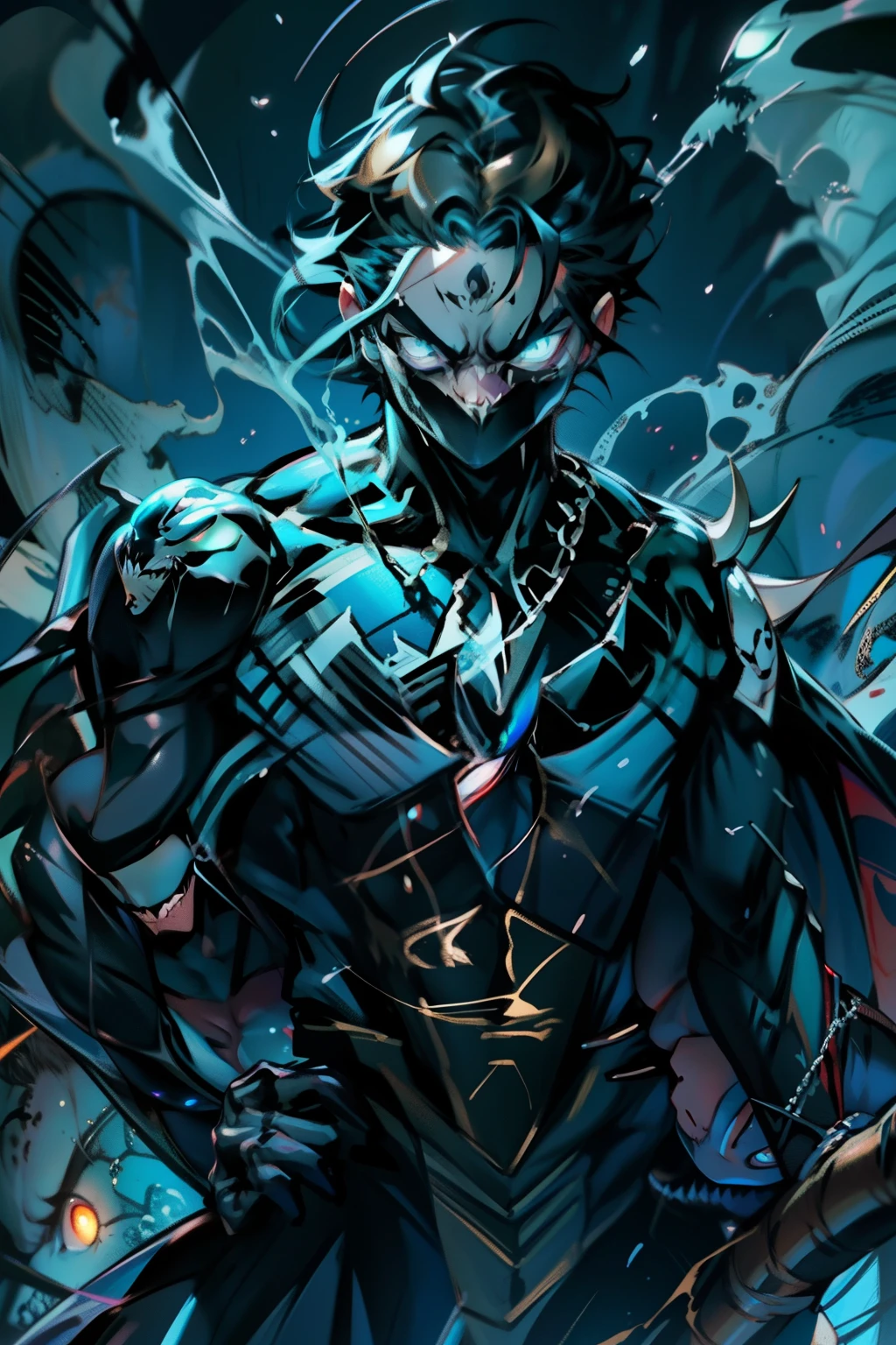 《the original god》Arataki Kazuto , male people， chest muscle， Sexy , Venom symbiote for your body, Black mucus of the body , into venom, venomize，Black bodysuit，（Cloak），Red cape，Abs，（Adult male）（（Venom possession，venom symbiote）），over-Tortoise Man，Battle damage，((Masterpiece)), ((Best quality)), Ultra detailed,((illustration)), Dynamic Angle, Detailed light, (Delicate eyes), Floating, 1boy, Male focus, Head, Clothing, Yellow eyes, necklace, tattoo, (Forehead:0.8), (ahoge:0.8), jewelry, brunette color hair,apathy，Ray， chest muscle， Sexy , Venom symbiote for your body, Black mucus of the body , （into venom）, Venom，frontage，Bust photo，White tight-fitting top，spiderman outfit，style of anime4 K， 4K anime wallpaper， Badass anime 8 K， 4 k comic wallpaper， young anime man， Anime boys， Anime wallpapers 4 k， Anime wallpaper 4K， High quality anime art style， Anime moe art style， Anime art wallpaper 8 K， Anime art wallpaper 4 K， RGB lighting，