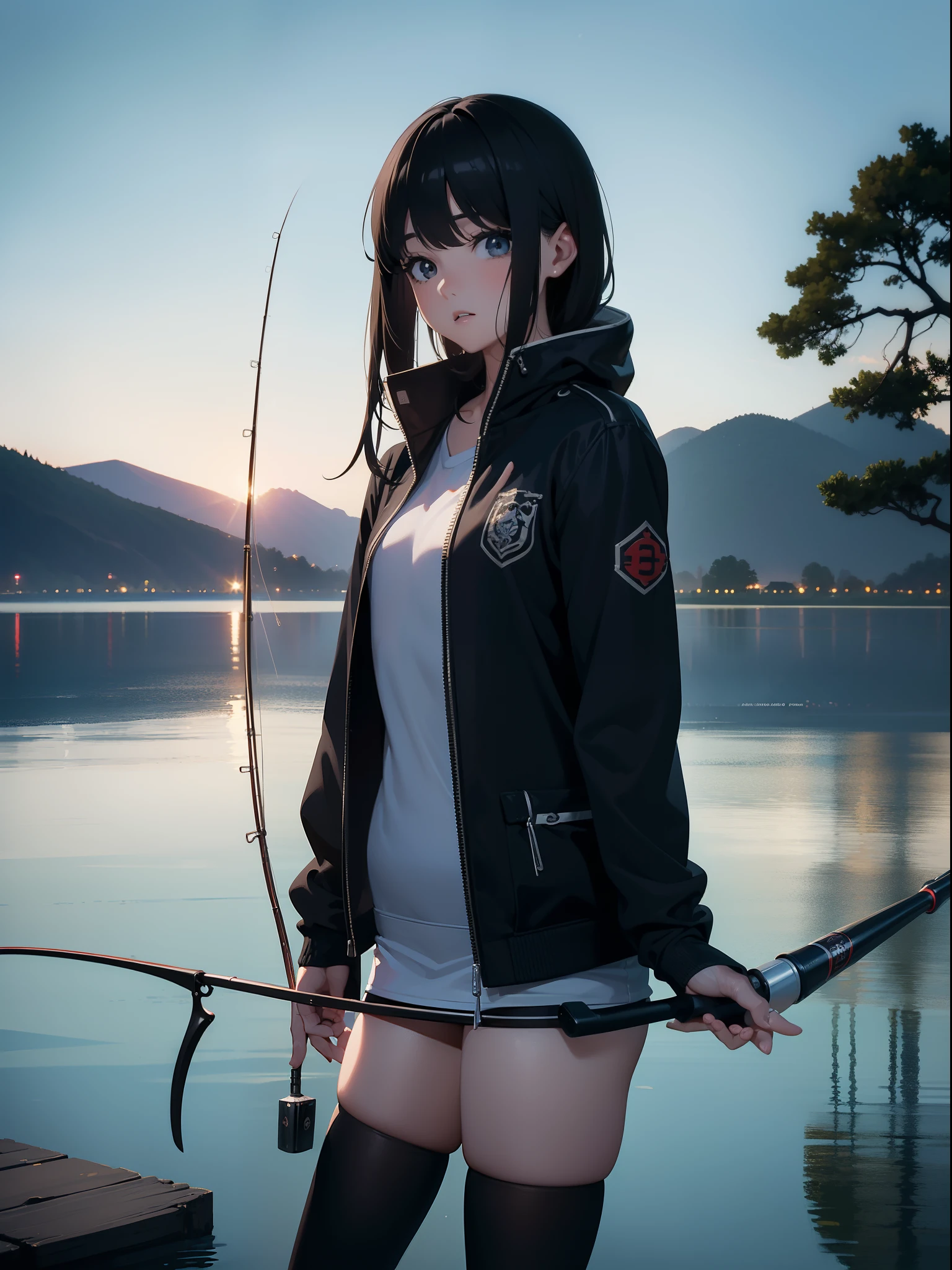 ((((holding a fishing rod by the lake)))),((Best Quality, masutepiece :1.3)),hight resolution,ultra-detailliert,Official art,Beauty and aesthetics,​masterpiece,best qualtiy,ighly detailed,1 japanese girl,Black hair, long eyeslashes, Solid Circle Eyes, deadpan, drop shadow, Atmospheric perspective,Super Detail, ccurate, Best Quality, small tits,Black jacket,