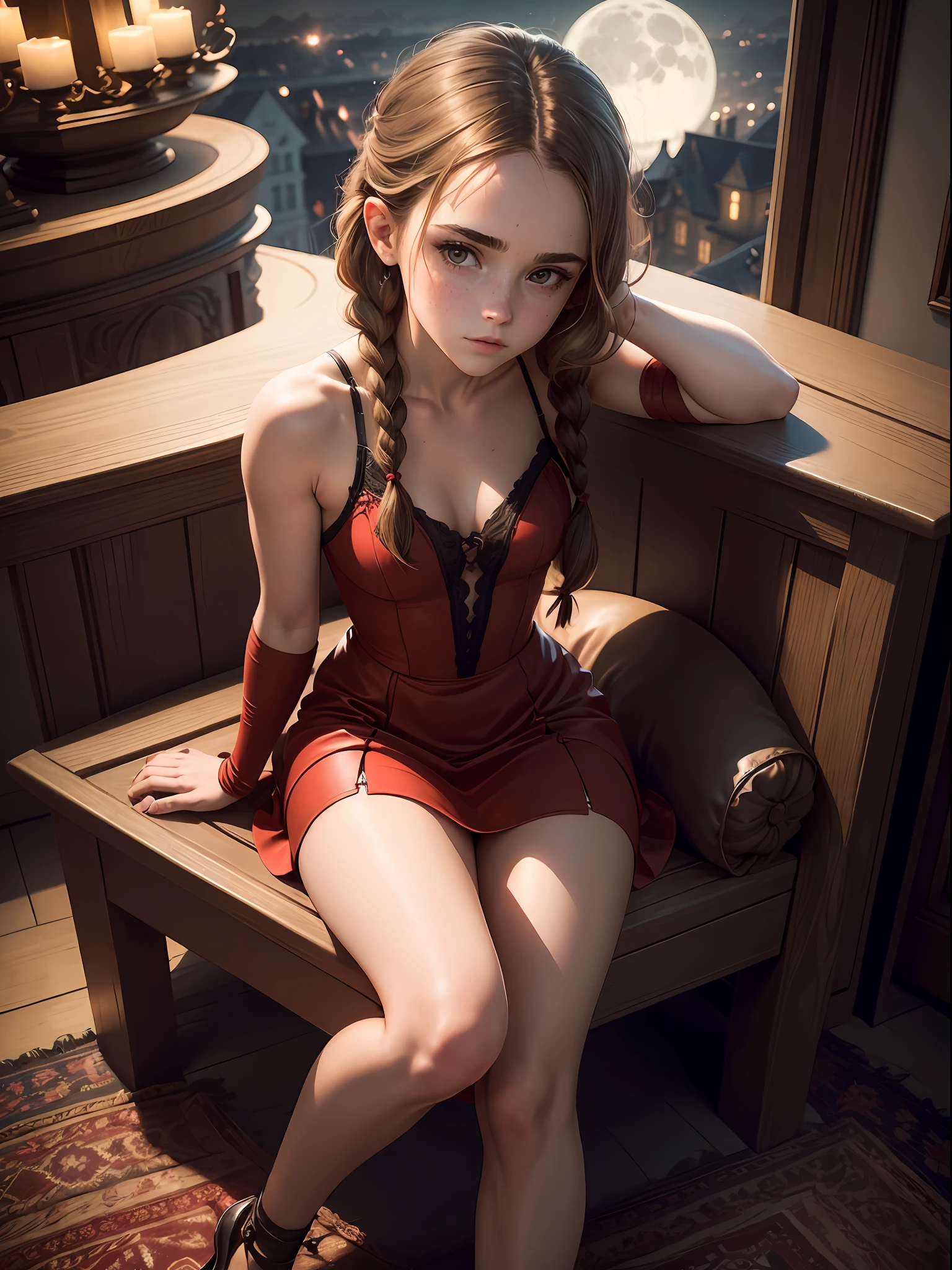 masterpiece. highly detailed. A beautiful Teen Emma Watson posing in a tight intricate red sleeveless dress and black stockings. freckles. Her hair is styled in two long dark braids. She is sitting inside a mansion at night, with the moon in the background. from above.