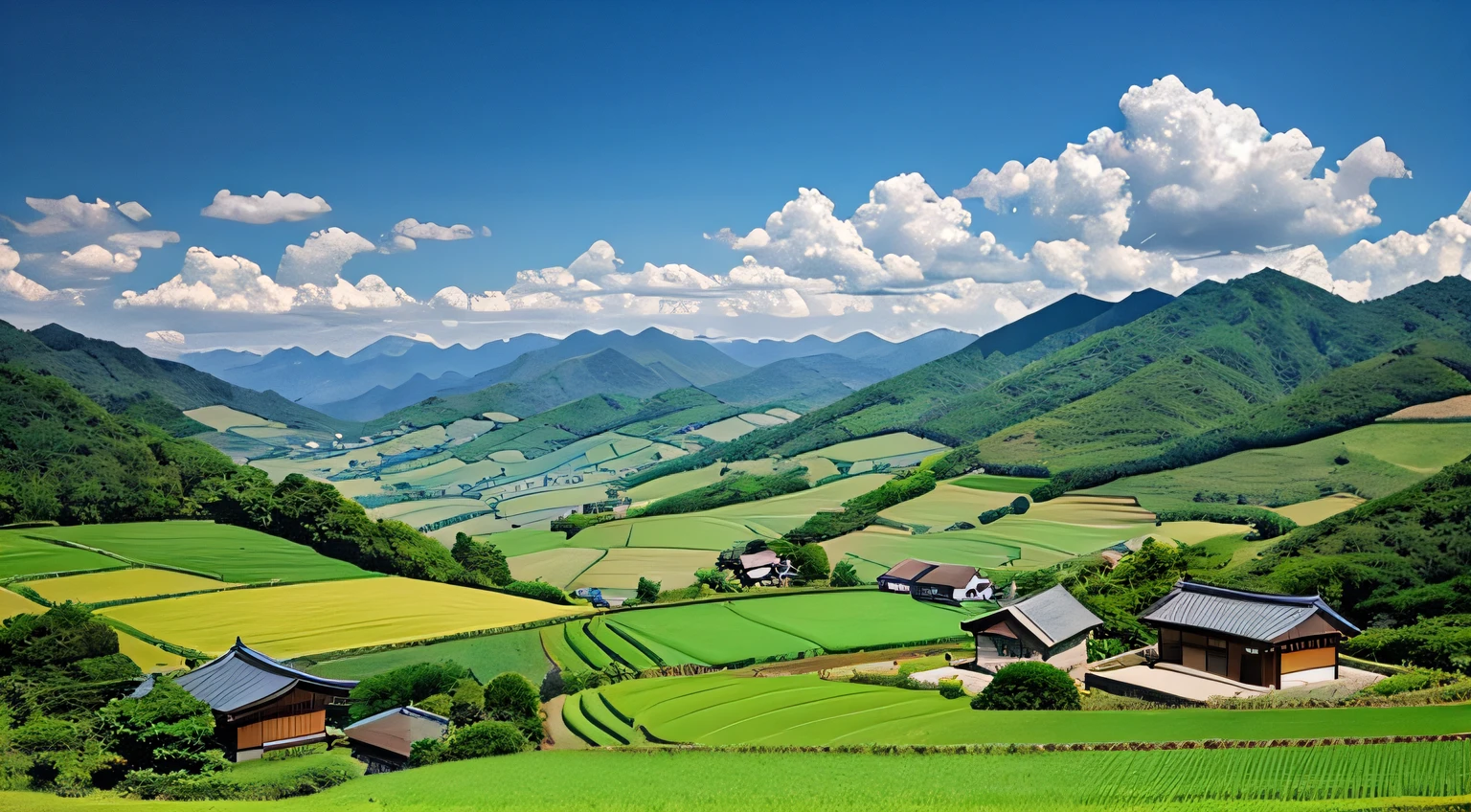 View of small village in the middle of a green valley, Valle encantador, very beautiful scenery, lush countryside, very very beautiful scenery, countryside in japan, very very very beautiful scenery, rolling green hills, Amazing landscape, korean countryside, Landscape scenery, Beautiful landscape, Green meadows, lindo cenario, Japanese countryside, Stunning landscape, Beautiful scenery, Countryside