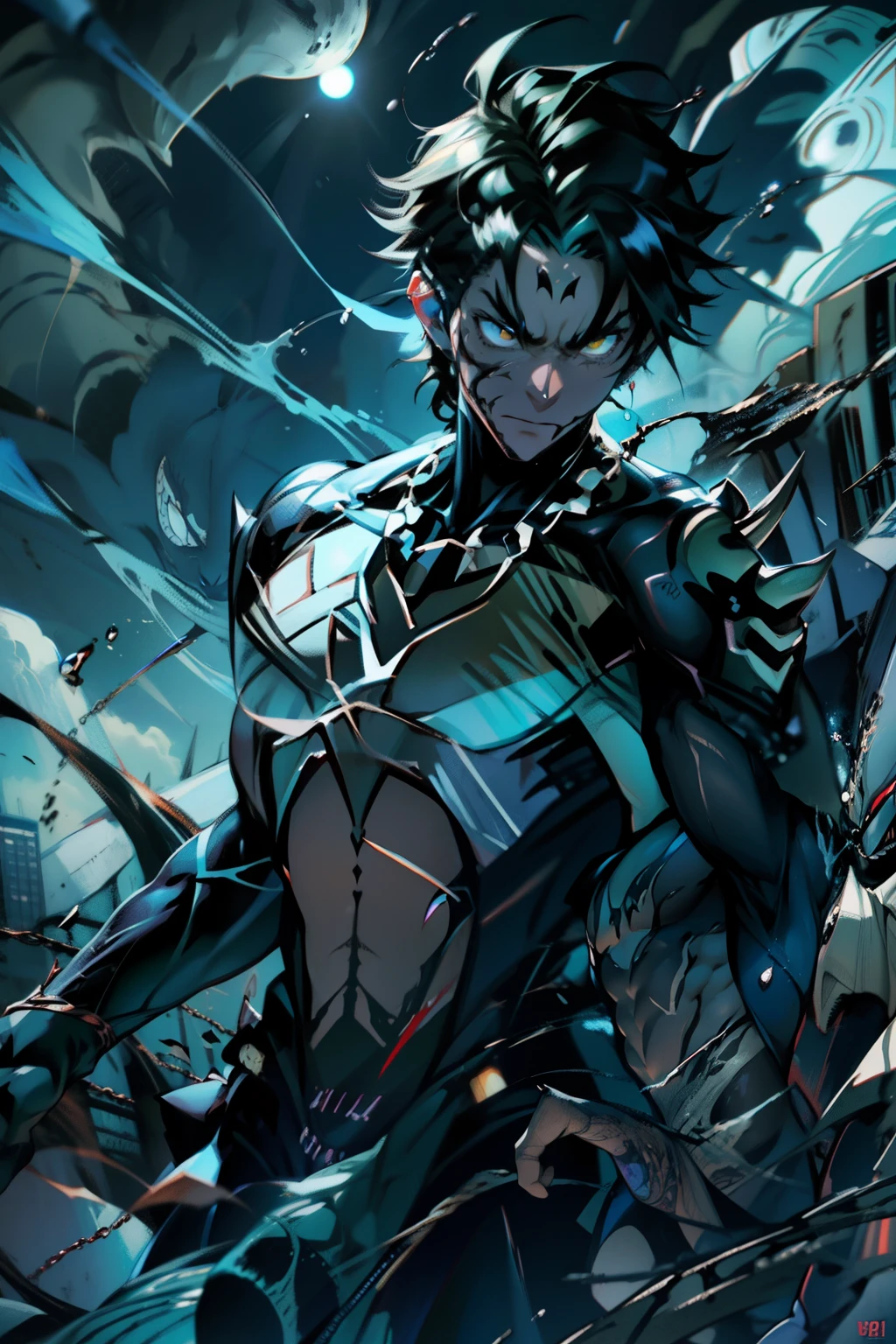 《the original god》Arataki Kazuto , male people, chest muscle, Sexy , Venom symbiote for your body, Black mucus of the body , into venom, venomize,Black bodysuit,(Cloak),Red cape,Abs,(Adult male)((Venom possession,venom symbiote)),over-Tortoise Man,Battle damage,((Masterpiece)), ((Best quality)), Ultra detailed,((illustration)), Dynamic Angle, Detailed light, (Delicate eyes), Floating, 1boy, Male focus, Head, Clothing, Yellow eyes, necklace, tattoo, (Forehead:0.8), (ahoge:0.8), jewelry, brunette color hair,apathy,Ray, chest muscle, Sexy , Venom symbiote for your body, Black mucus of the body , (into venom), Venom,frontage,Bust photo,White tight-fitting top,spiderman outfit,style of anime4 K, 4K anime wallpaper, Badass anime 8 K, 4 k comic wallpaper, young anime man, Anime boys, Anime wallpapers 4 k, Anime wallpaper 4K, High quality anime art style, Anime moe art style, Anime art wallpaper 8 K, Anime art wallpaper 4 K, RGB lighting,