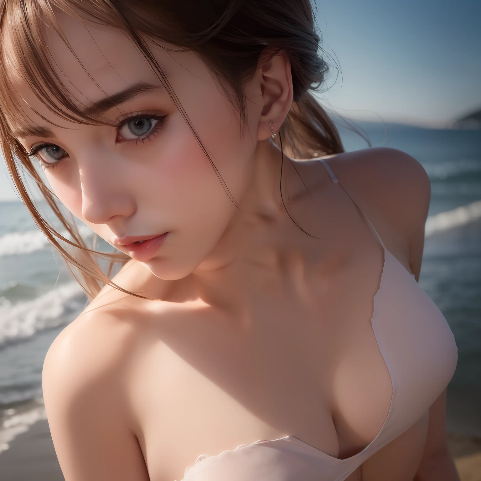 (The scenery of Enoshima is the main、natural soft light)white t-shirts、From the side Side, Hip up, side pose, randome pose, (extremely delicate and beautiful work), (masutepiece), 1girll, Casual attire, Highly detailed, Beautiful and clear eyes, Blue eye pupil, Simple blurred background, extreme detail description, Beautiful, Charming, Ultra-fine painting, Delicate face, Delicate figure, thin clavicle, Lovely lips, mix4,(8K, , Best Quality, masutepiece:1.2), (Realistic, Photorealsitic:1.37),1girll,Cute,Seascape,Professional Lighting, photon maping,half-opened mouth