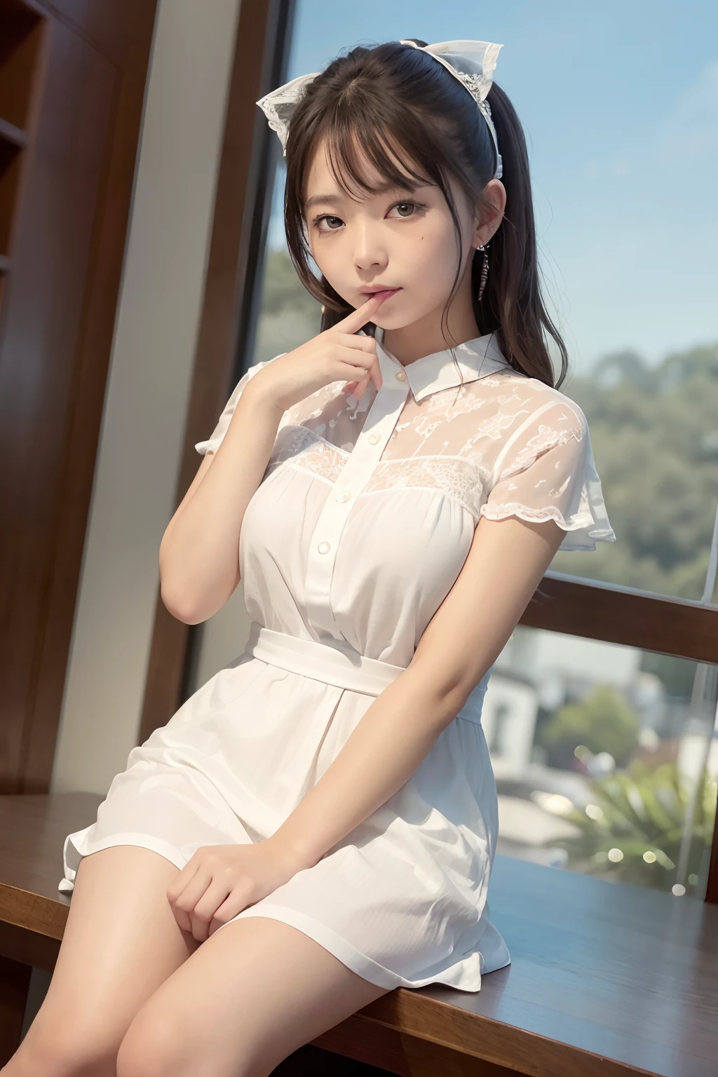 (8K、top-quality、tmasterpiece:1.2)、(hentail realism、Photorealsitic:1.37)、ultra - detailed、1 rapariga、Cute Baby Turtle、独奏、Beautiful detailed sky、Detailed Cafe、natta、Sit on the、Date、(Nasal blush)、 (A smile:1.15)、(a closed mouth)Big Mimi、Fine and beautiful eyes、(Shirt with collar:1.1)、natta、Wet、Transaction service、Sateen、White lace,Large bust