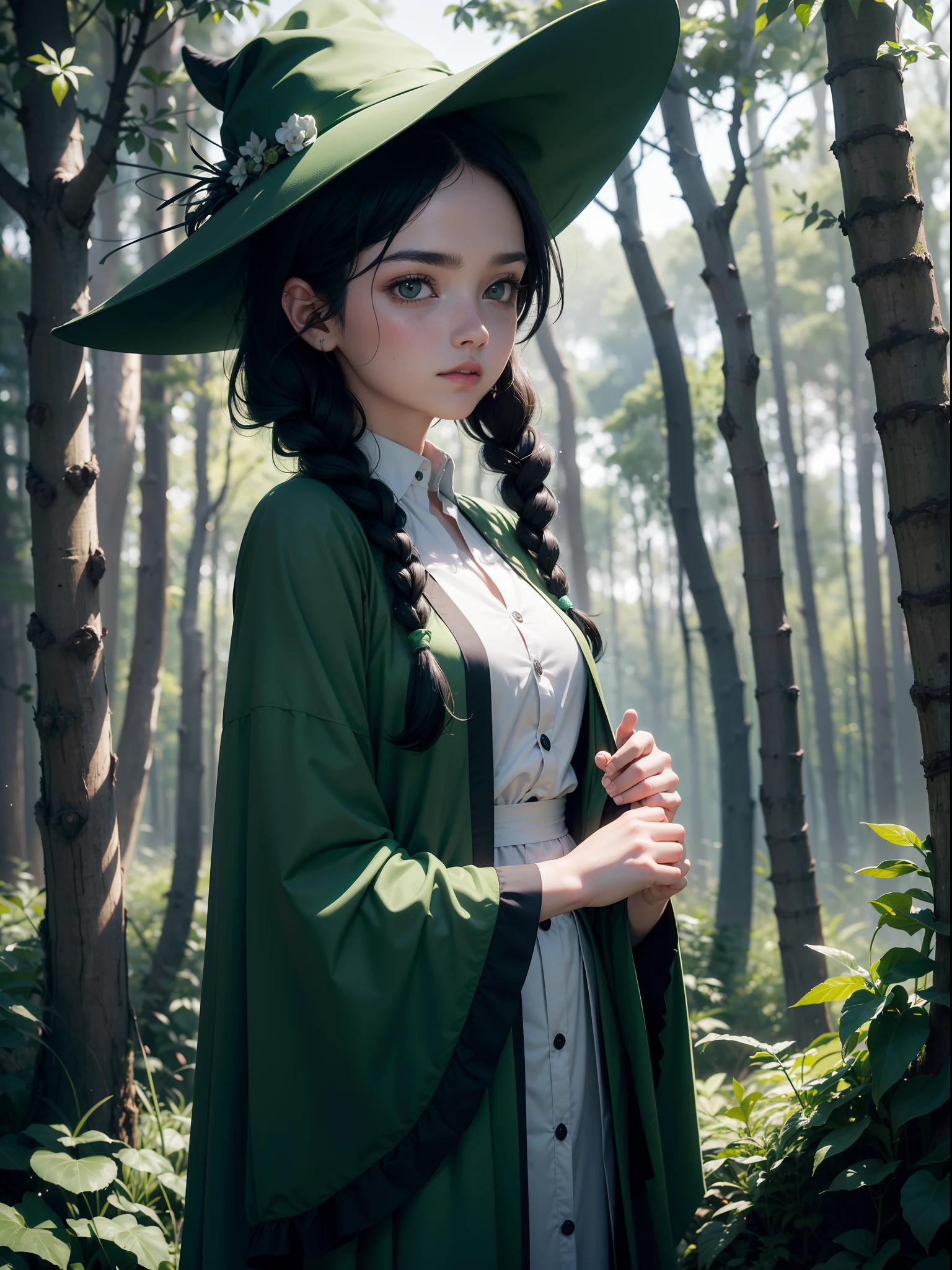 (Simple green witch robe and big green shirt,Cute girl with simple green witch big hat and braid, Cute black hair girl, Approx.10 years old, short height, Dark hair , Green dressing gown, Split lips,Upper body, light Particle, forest, Intense sunlight,Effect of twinkling aerial light,Oversized shirt,lanthanum),​masterpiece, top-quality, detailed skin textures, Detailed Cloth Texture, beautifull detailed face, intricate detailes, ultra-detailliert, Regina Display, Super Detail, high details, High quality, Best Quality, hight resolution, 1080p, in 8K,