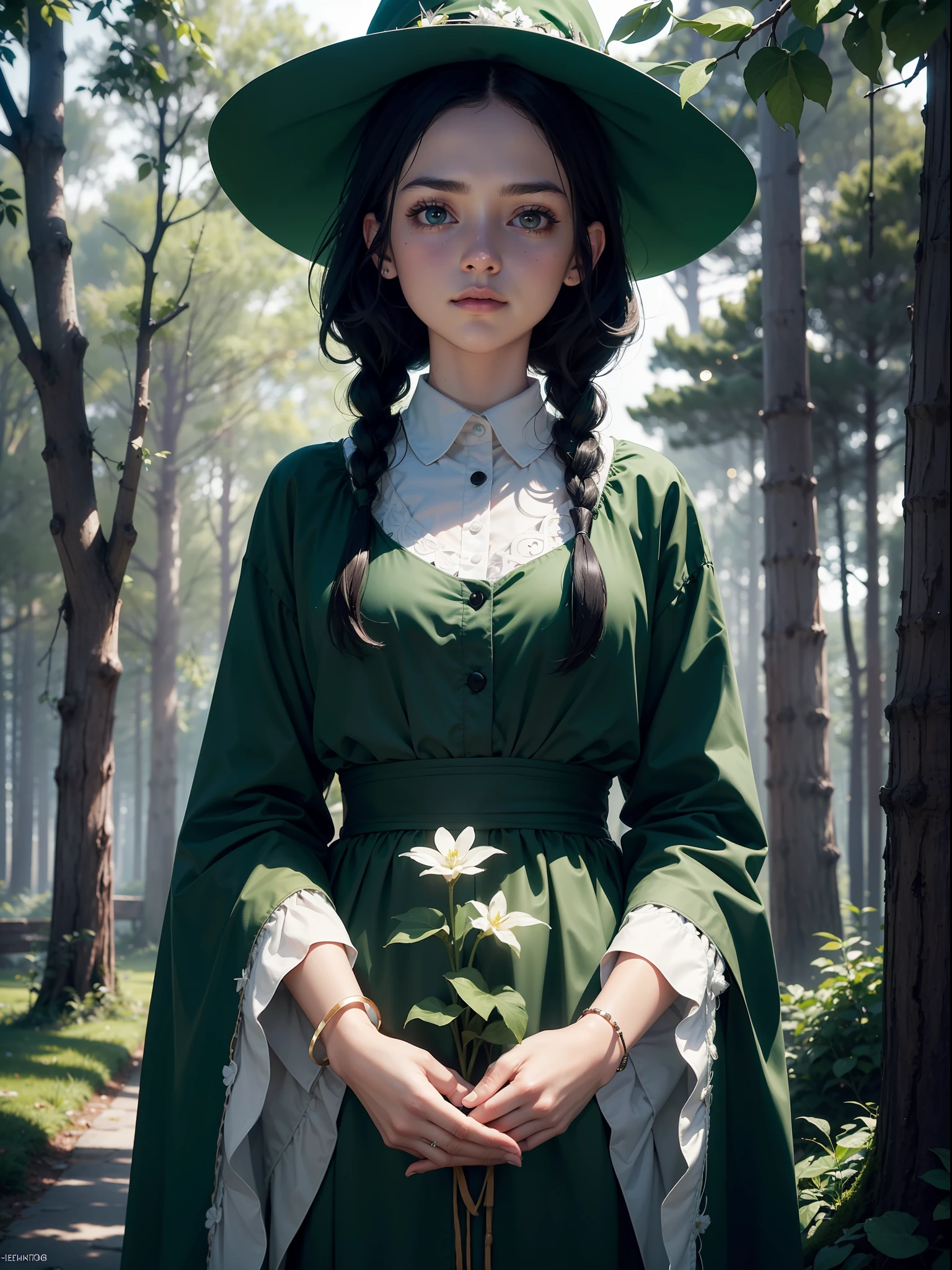 (Simple green witch robe and big green shirt,Cute girl with simple green witch big hat and braid, Cute black hair girl, Approx.10 years old, short height, Dark hair , Green dressing gown, Split lips,Upper body, light Particle, forest, Intense sunlight,Effect of twinkling aerial light,Oversized shirt,lanthanum),masterpiece, top-quality, detailed skin textures, Detailed Cloth Texture, beautifull detailed face, intricate detailes, ultra-detailliert, Regina Display, Super Detail, high details, High quality, Best Quality, hight resolution, 1080p, in 8K,