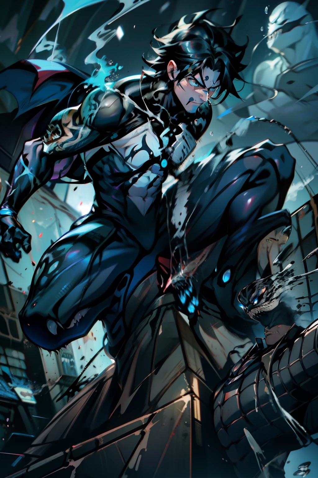 《the original god》Arataki Kazuto , male people, chest muscle, Sexy , Venom symbiote for your body, Black mucus of the body , into venom, venomize,Black bodysuit,(Cloak),Red cape,Abs,(Adult male)((Venom possession,venom symbiote)),over-Tortoise Man,Battle damage,((Masterpiece)), ((Best quality)), Ultra detailed,((illustration)), Dynamic Angle, Detailed light, (Delicate eyes), Floating, 1boy, Male focus, Head, Clothing, Yellow eyes, necklace, tattoo, (Forehead:0.8), (ahoge:0.8), jewelry, brunette color hair,apathy,Ray, chest muscle, Sexy , Venom symbiote for your body, Black mucus of the body , (into venom), Venom,frontage,Bust photo,White tight-fitting top,spiderman outfit,style of anime4 K, 4K anime wallpaper, Badass anime 8 K, 4 k comic wallpaper, young anime man, Anime boys, Anime wallpapers 4 k, Anime wallpaper 4K, High quality anime art style, Anime moe art style, Anime art wallpaper 8 K, Anime art wallpaper 4 K, RGB lighting,