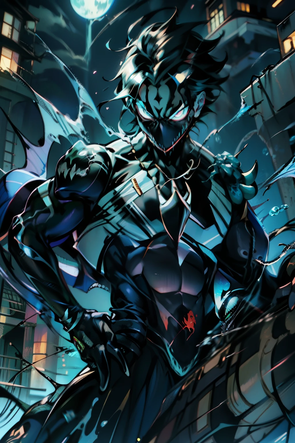 《the original god》Arataki Kazuto , male people， chest muscle， Sexy , Venom symbiote for your body, Black mucus of the body , into venom, venomize，Black bodysuit，（Cloak），Red cape，Abs，（Adult male）（（Venom possession，venom symbiote）），over-Tortoise Man，Battle damage，((Masterpiece)), ((Best quality)), Ultra detailed,((illustration)), Dynamic Angle, Detailed light, (Delicate eyes), Floating, 1boy, Male focus, Head, Clothing, Yellow eyes, necklace, tattoo, (Forehead:0.8), (ahoge:0.8), jewelry, brunette color hair,apathy，Ray， chest muscle， Sexy , Venom symbiote for your body, Black mucus of the body , （into venom）, Venom，frontage，Bust photo，White tight-fitting top，spiderman outfit，style of anime4 K， 4K anime wallpaper， Badass anime 8 K， 4 k comic wallpaper， young anime man， Anime boys， Anime wallpapers 4 k， Anime wallpaper 4K， High quality anime art style， Anime moe art style， Anime art wallpaper 8 K， Anime art wallpaper 4 K， RGB lighting，