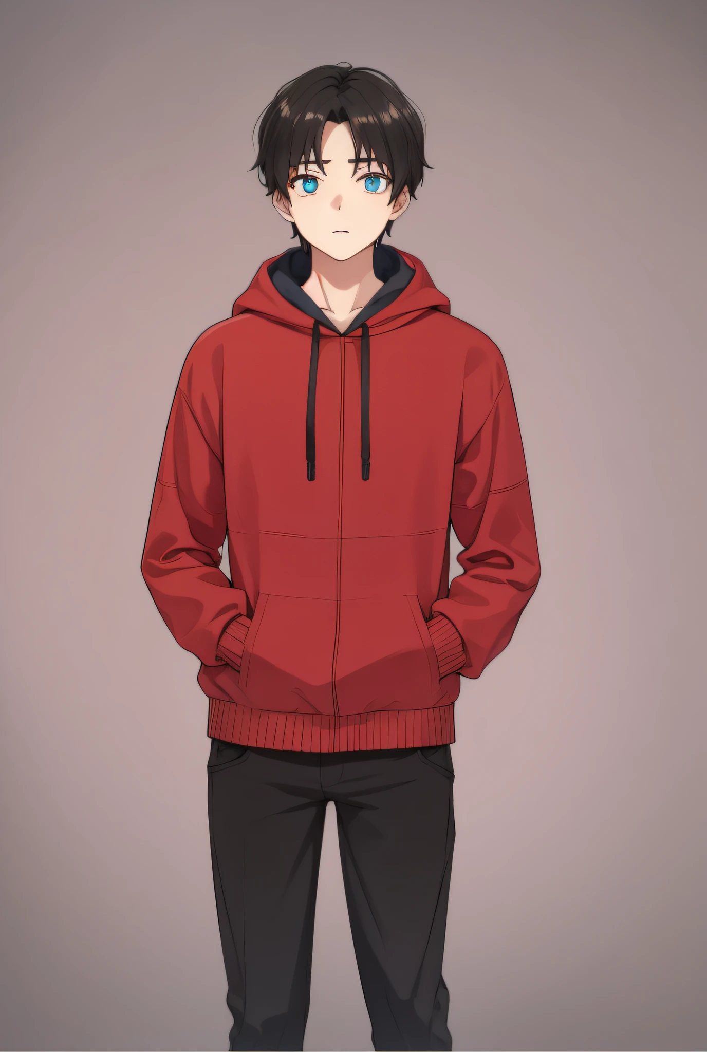 "1boy, stands, Dressed in a red sweatshirt, black pants, Cyan eyes"