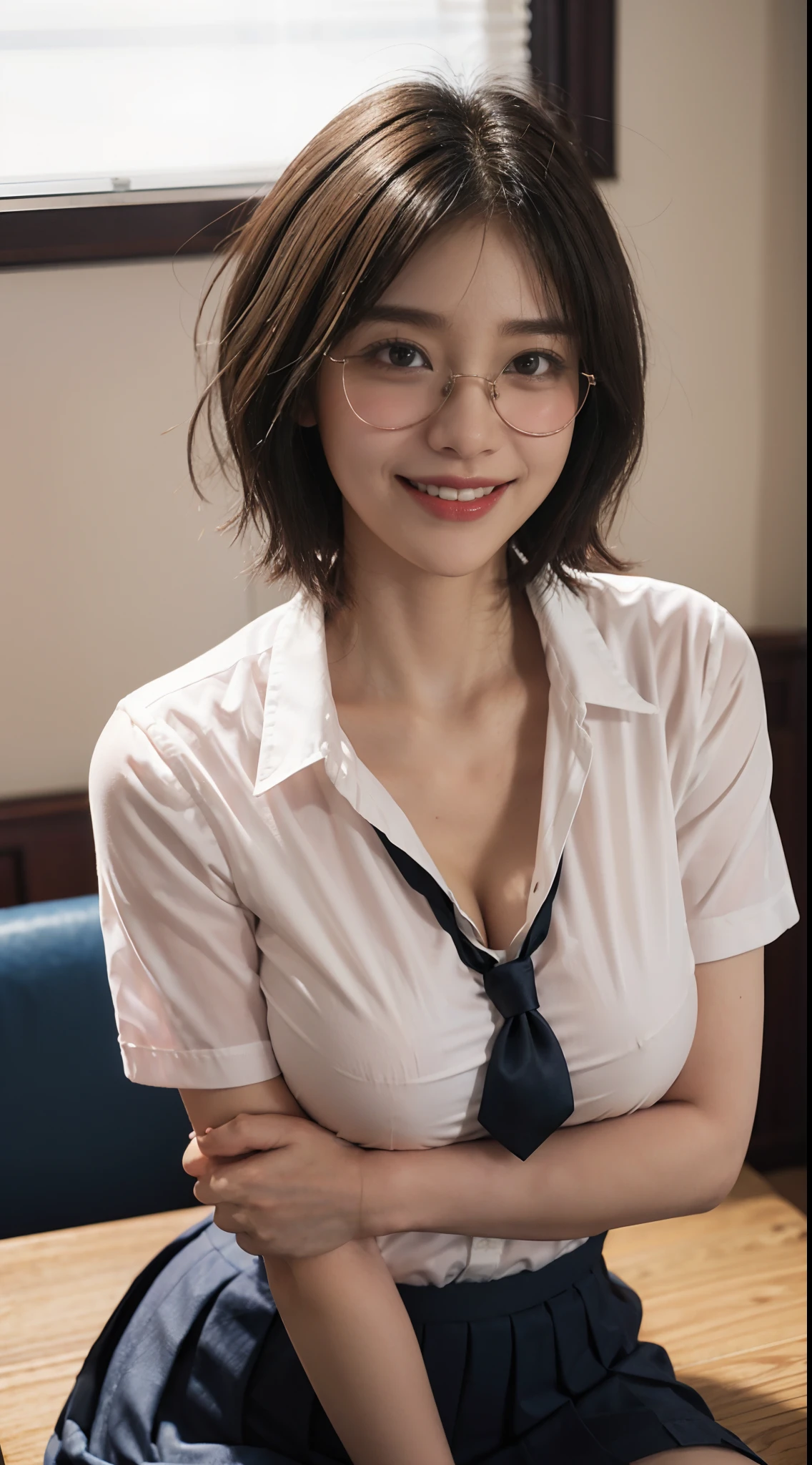 Shooting shorthair、hi-school girl、(((Summer school uniform,very very gigantic boobs:1.5、The shirt is big enough to tear、Tight collared shirt、You can see the cleavage of your)))、Side style、White shirt、Blue Stripe Tie、shortsleeves、Dark blue pleated skirt、Classroom、A smile、small head、bangss、chee、eye glasses、short wavy hair、small head、pale pink lip、Smiling smile、A sexy