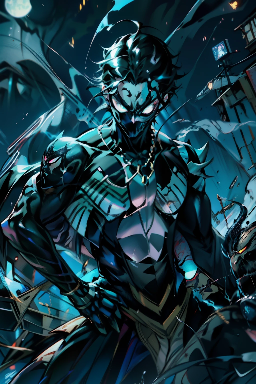 《the original god》Arataki Kazuto , male people， chest muscle， Sexy , Venom symbiote for your body, Black mucus of the body , into venom, venomize，Black bodysuit，（Cloak），Red cape，Abs，（Adult male）（（Venom possession，venom symbiote）），over-Tortoise Man，Battle damage，((Masterpiece)), ((Best quality)), Ultra detailed,((illustration)), Dynamic Angle, Detailed light, (Delicate eyes), Floating, 1boy, Male focus, Head, Clothing, Yellow eyes, necklace, tattoo, (Forehead:0.8), (ahoge:0.8), jewelry, brunette color hair,apathy，Ray， chest muscle， Sexy , Venom symbiote for your body, Black mucus of the body , （into venom）, Venom，frontage，Bust photo，White tight-fitting top，spiderman outfit，style of anime4 K， 4K anime wallpaper， Badass anime 8 K， 4 k comic wallpaper， young anime man， Anime boys， Anime wallpapers 4 k， Anime wallpaper 4K， High quality anime art style， Anime moe art style， Anime art wallpaper 8 K， Anime art wallpaper 4 K， RGB lighting，