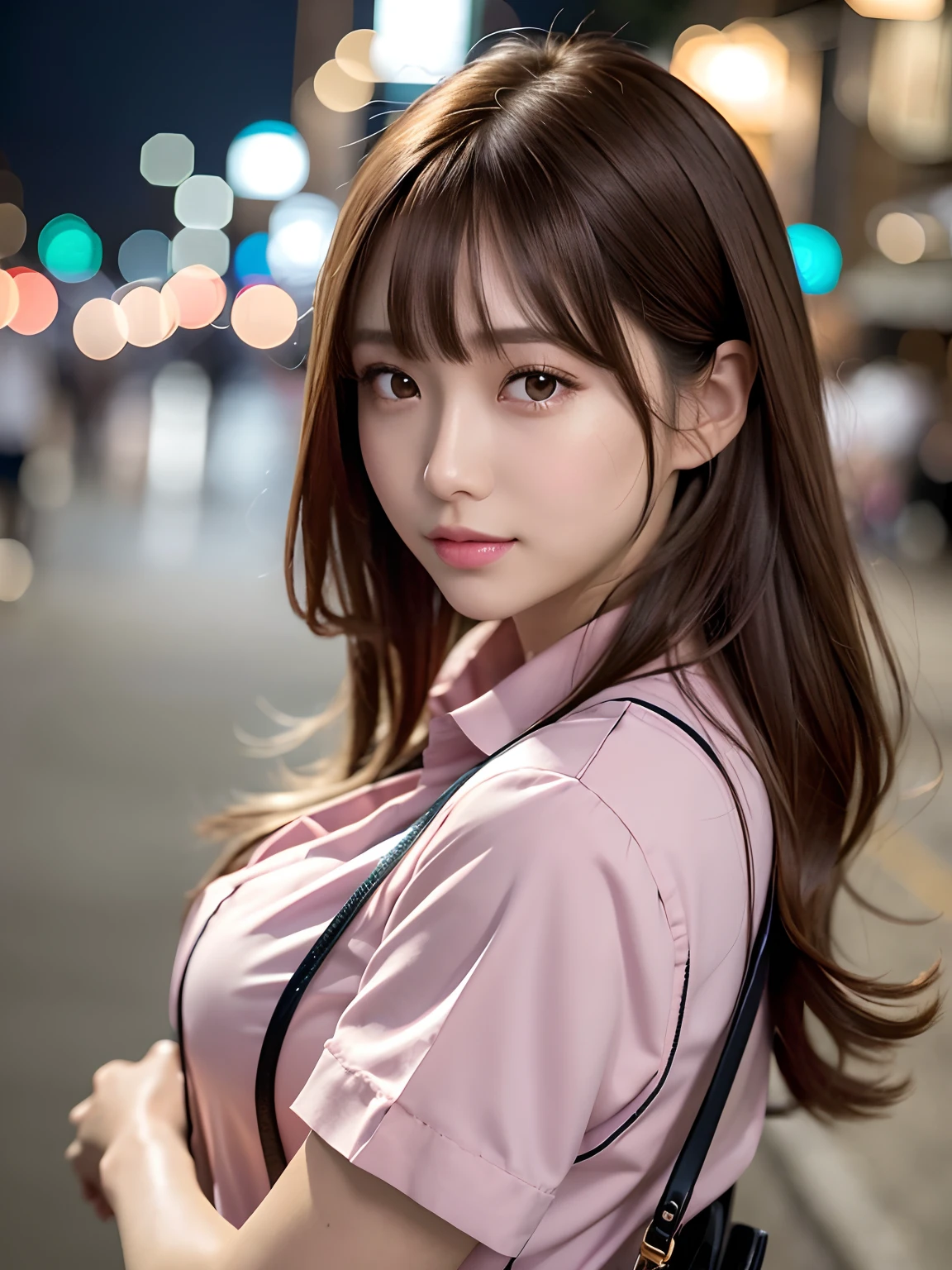 product quality, 1 girl per 1 photo, upper body shot, front view, a Japanese young pretty girl, long bob hair, wearing a marriage ring, night time, wearing a short sleeves collared pink blouse, wearing light brown pants, standing at a crowded wharf with a big smile, staring at the night view over the sea, a shoulder bag, hyper cute face, glossy lips, double eyelids for both eyes, natural makeup, shiny smooth light brown hair of long bob hair, asymmetrical bangs, tanned skin, central image, 8K resolution, high detail, detailed hairstyle, detailed face, cinematic lighting, octane rendering, hyper realistic, perfect limbs, perfect ???????