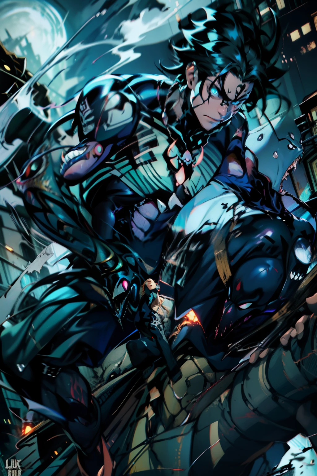 《the original god》Arataki Kazuto , male people， chest muscle， Sexy , Venom symbiote for your body, Black mucus of the body , into venom, venomize，Black bodysuit，（Cloak），Red cape，Abs，（Adult male）（（Venom possession，venom symbiote）），over-Tortoise Man，Battle damage，((Masterpiece)), ((Best quality)), Ultra detailed,((illustration)), Dynamic Angle, Detailed light, (Delicate eyes), Floating, 1boy, Male focus, Head, Clothing, Yellow eyes, necklace, tattoo, (Forehead:0.8), (ahoge:0.8), jewelry, brunette color hair,apathy，Ray， chest muscle， Sexy , Venom symbiote for your body, Black mucus of the body , （into venom）, Venom，frontage，Bust photo，White tight-fitting top，spiderman outfit，style of anime4 K， 4K anime wallpaper， Badass anime 8 K， 4 k comic wallpaper， young anime man， Anime boys， Anime wallpapers 4 k， Anime wallpaper 4K， High quality anime art style， Anime moe art style， Anime art wallpaper 8 K， Anime art wallpaper 4 K， RGB lighting，