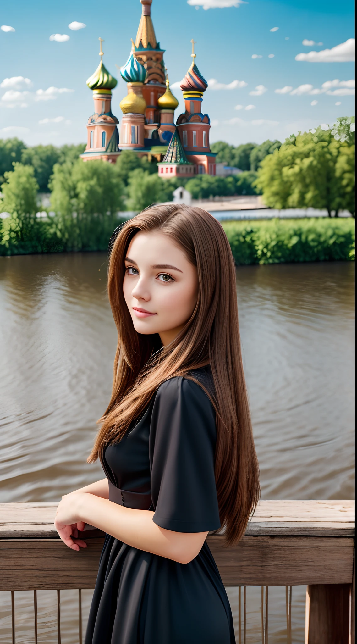 Young brunette woman in the Volga river, pale white skin, long hair, black dress, slightly chubby face, award winning photo, riverside, waters are flowing, Russian orthodox church in the background, vibrant, in riverdale tv show