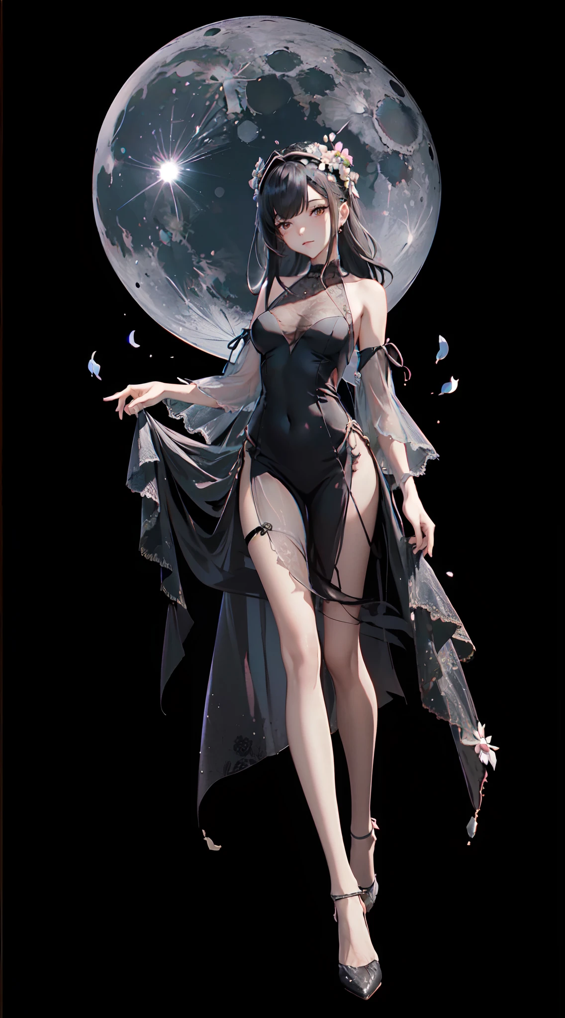 ((sharpening, high resolution, high quality,2K,atdan))
1girl,full body,lace, transparent skirt, black pantyhose,high Heels, evening dress, facing the camera, bare shoulder,lumine, flowers on the right head, Moon is behind