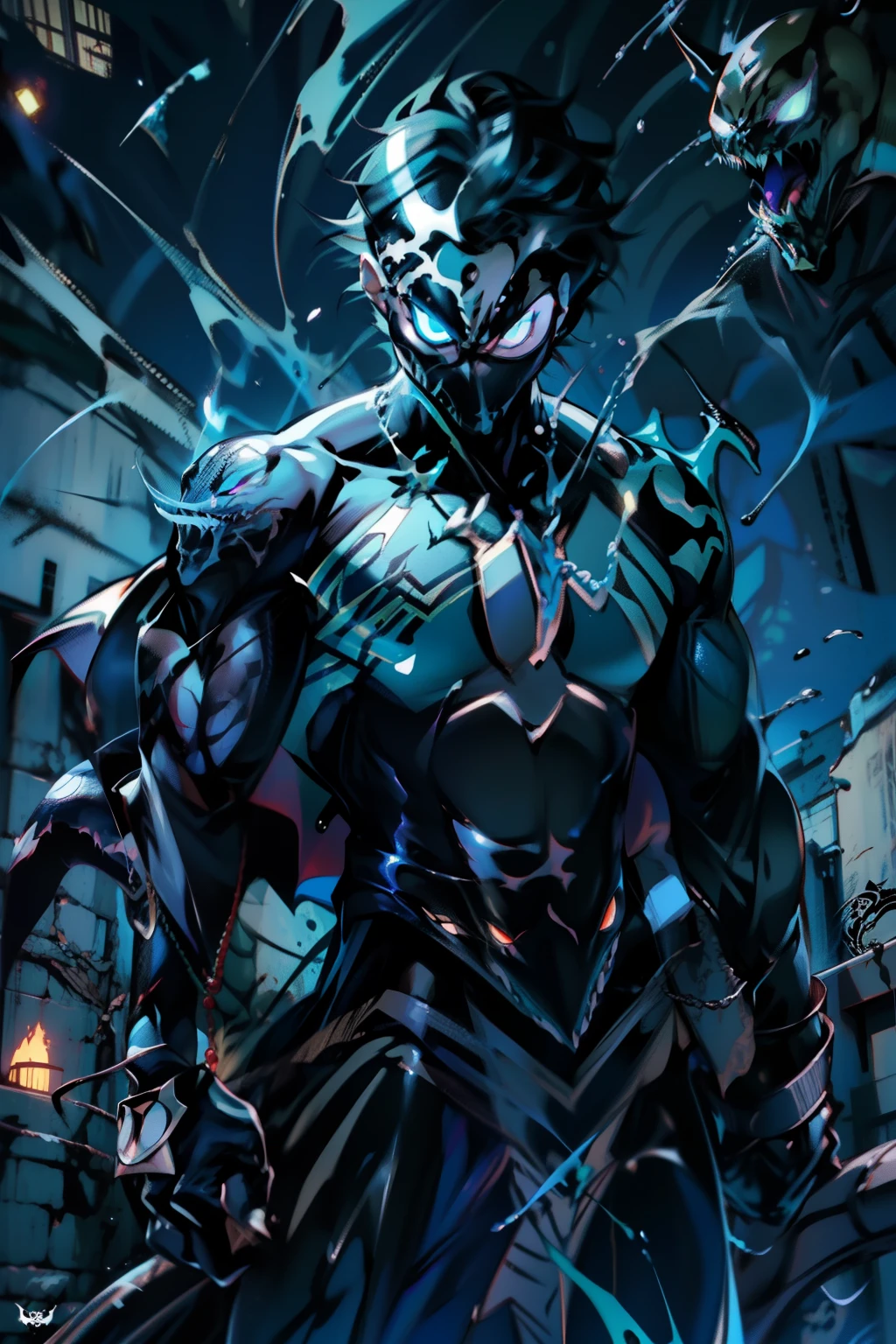 《the original god》Arataki Kazuto , male people, chest muscle, Sexy , Venom symbiote for your body, Black mucus of the body , into venom, venomize,Black bodysuit,(Cloak),Red cape,Abs,(Adult male)((Venom possession,venom symbiote)),over-Tortoise Man,Battle damage,((Masterpiece)), ((Best quality)), Ultra detailed,((illustration)), Dynamic Angle, Detailed light, (Delicate eyes), Floating, 1boy, Male focus, Head, Clothing, Yellow eyes, necklace, tattoo, (Forehead:0.8), (ahoge:0.8), jewelry, brunette color hair,apathy,Ray, chest muscle, Sexy , Venom symbiote for your body, Black mucus of the body , (into venom), Venom,frontage,Bust photo,White tight-fitting top,spiderman outfit,style of anime4 K, 4K anime wallpaper, Badass anime 8 K, 4 k comic wallpaper, young anime man, Anime boys, Anime wallpapers 4 k, Anime wallpaper 4K, High quality anime art style, Anime moe art style, Anime art wallpaper 8 K, Anime art wallpaper 4 K, RGB lighting,