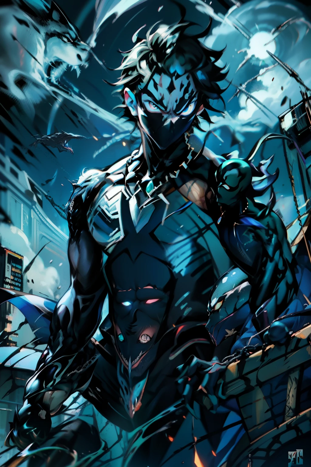《the original god》Arataki Kazuto , male people， chest muscle， Sexy , Venom symbiote for your body, Black mucus of the body , into venom, venomize，Black bodysuit，（Cloak），Red cape，Abs，（Adult male）（（Venom possession，venom symbiote）），over-Tortoise Man，Battle damage，((Masterpiece)), ((Best quality)), Ultra detailed,((illustration)), Dynamic Angle, Detailed light, (Delicate eyes), Floating, 1boy, Male focus, Head, Clothing, Yellow eyes, necklace, tattoo, (Forehead:0.8), (ahoge:0.8), jewelry, brunette color hair,apathy，Ray， chest muscle， Sexy , Venom symbiote for your body, Black mucus of the body , （into venom）, Venom，frontage，Bust photo，White tight-fitting top，spiderman outfit，style of anime4 K， 4K anime wallpaper， Badass anime 8 K， 4 k comic wallpaper， young anime man， Anime boys， Anime wallpapers 4 k， Anime wallpaper 4K， High quality anime art style， Anime moe art style， Anime art wallpaper 8 K， Anime art wallpaper 4 K， RGB lighting，