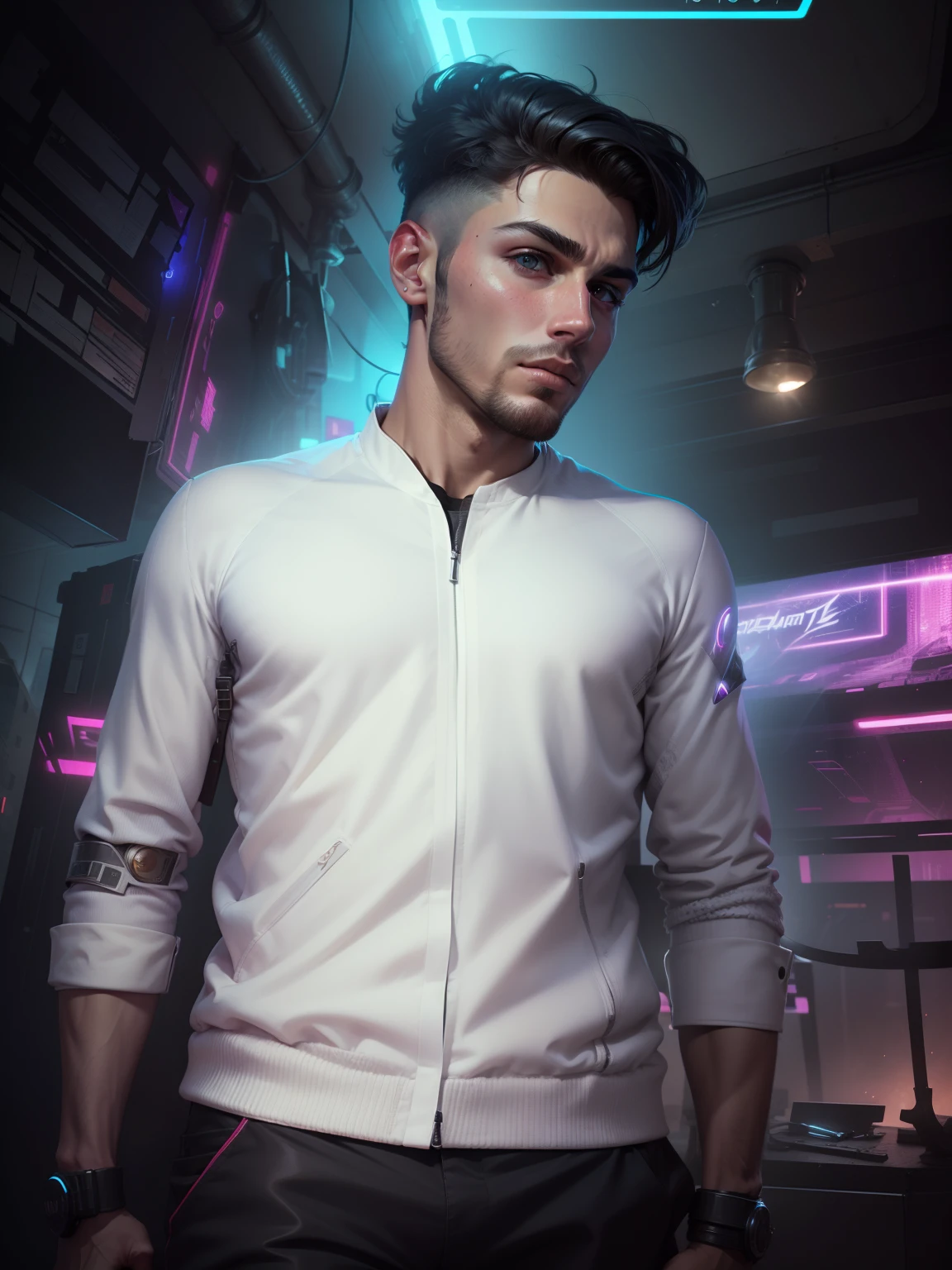 Change background cyberpunk handsome boy no change face realistic face. 8k ultra realistic