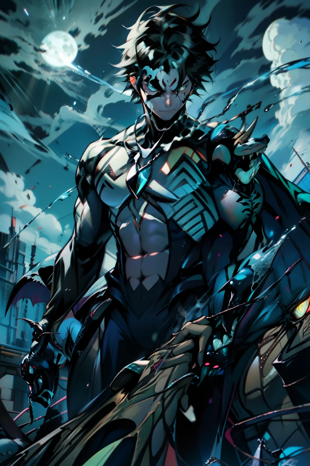 《the original god》Arataki Kazuto , male people, chest muscle, y , Venom symbiote for your body, Black mucus of the body , into venom, venomize,Black bodysuit,(Cloak),Red cape,Abs,(Adult male)((Venom possession,venom symbiote)),over-Tortoise Man,Battle damage,((Masterpiece)), ((Best quality)), Ultra detailed,((illustration)), Dynamic Angle, Detailed light, (Delicate eyes), Floating, 1boy, Male focus, Head, Clothing, Yellow eyes, necklace, tattoo, (Forehead:0.8), (ahoge:0.8), jewelry, brunette color hair,apathy,Ray, chest muscle, Sex Venom symbiote for your body, Black mucus of the body , (into venom), Venom,frontage,Bust photo,White tight-fitting top,spiderman outfit,style of anime4 K, 4K anime wallpaper, Badass anime 8 K, 4 k comic wallpaper, young anime man, Anime boys, Anime wallpapers 4 k, Anime wallpaper 4K, High quality anime art style, Anime moe art style, Anime art wallpaper 8 K, Anime art wallpaper 4 K, RGB lighting,
