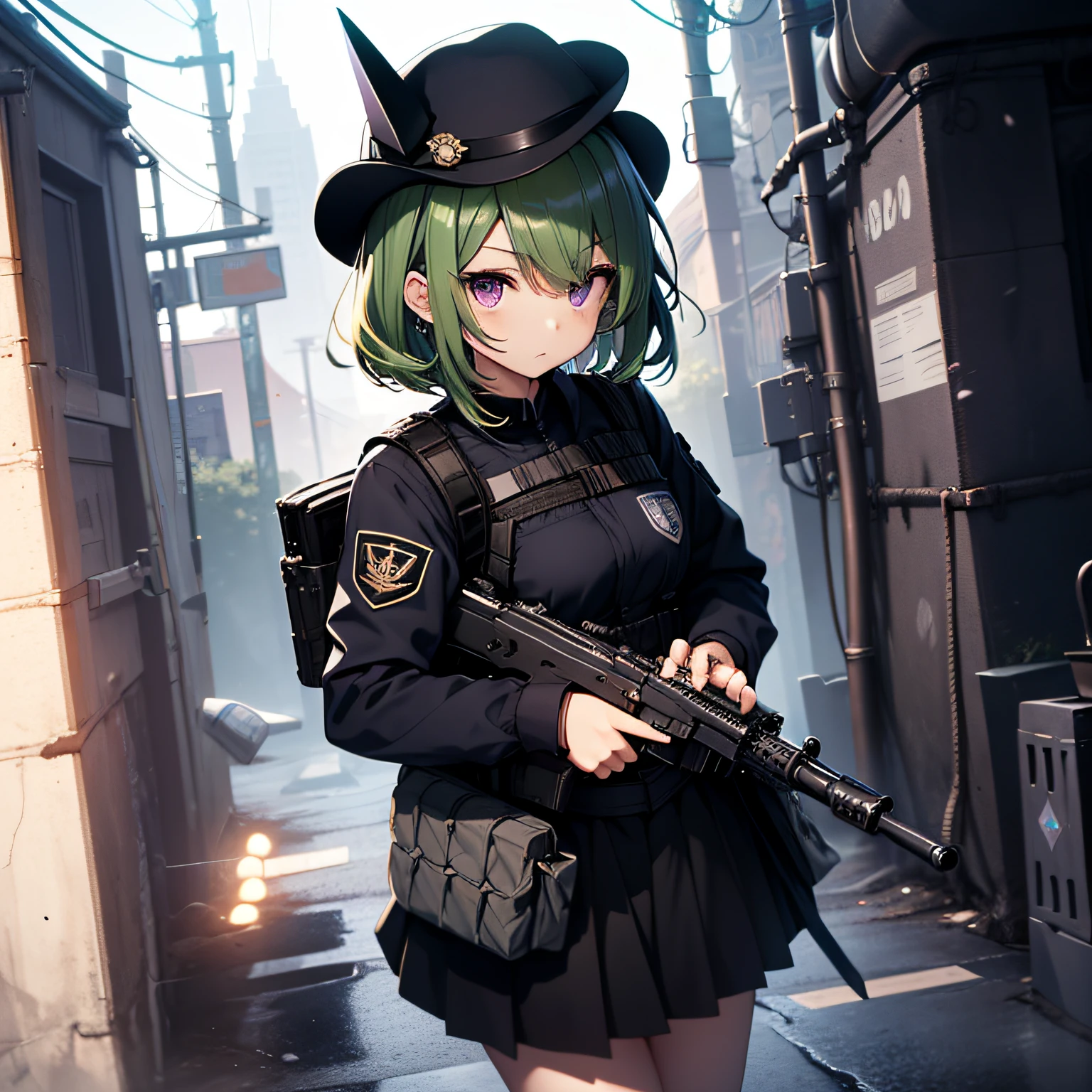 top-quality、extremely delicate and beautiful、(A teenage girl)、Purple Eye、Green hair、short-haired、(Black pointy hat)、Black tie、Soio、shortsleeves、Black skirt、Navel,Tactical Vest、shortsleeves、Black skirt、((Holding a submachine gun in both hands))、Midnight background、is standing