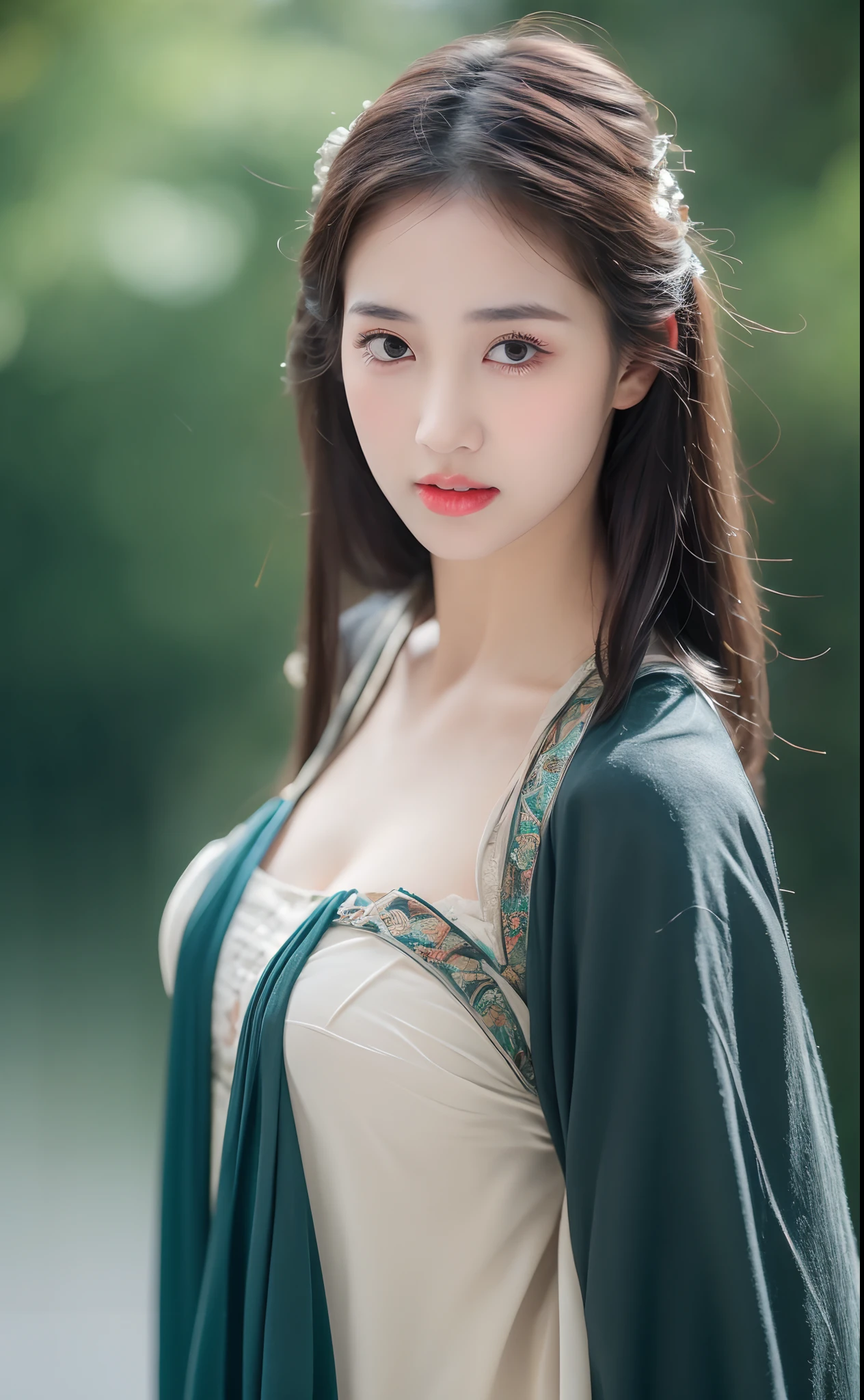 ((Best Quality, 8k, Masterpiece: 1.3)), Focus: 1.2, Perfect Body Beauty: 1.4, Buttocks: 1.2, ((Layered Haircut)), (Wet Clothes: 1.1), (Rain, Street:1.3), (Breasts: 1.2), (Hanfu: 1.2), Bare Shoulders, Bare Legs, Highly Detailed Face and Skin Texture, Fine Eyes, Double Eyelids, Whitened Skin, Long Hair, (Shut Up: 1.5), (Bokeh Background: 1.5), Big Breasts