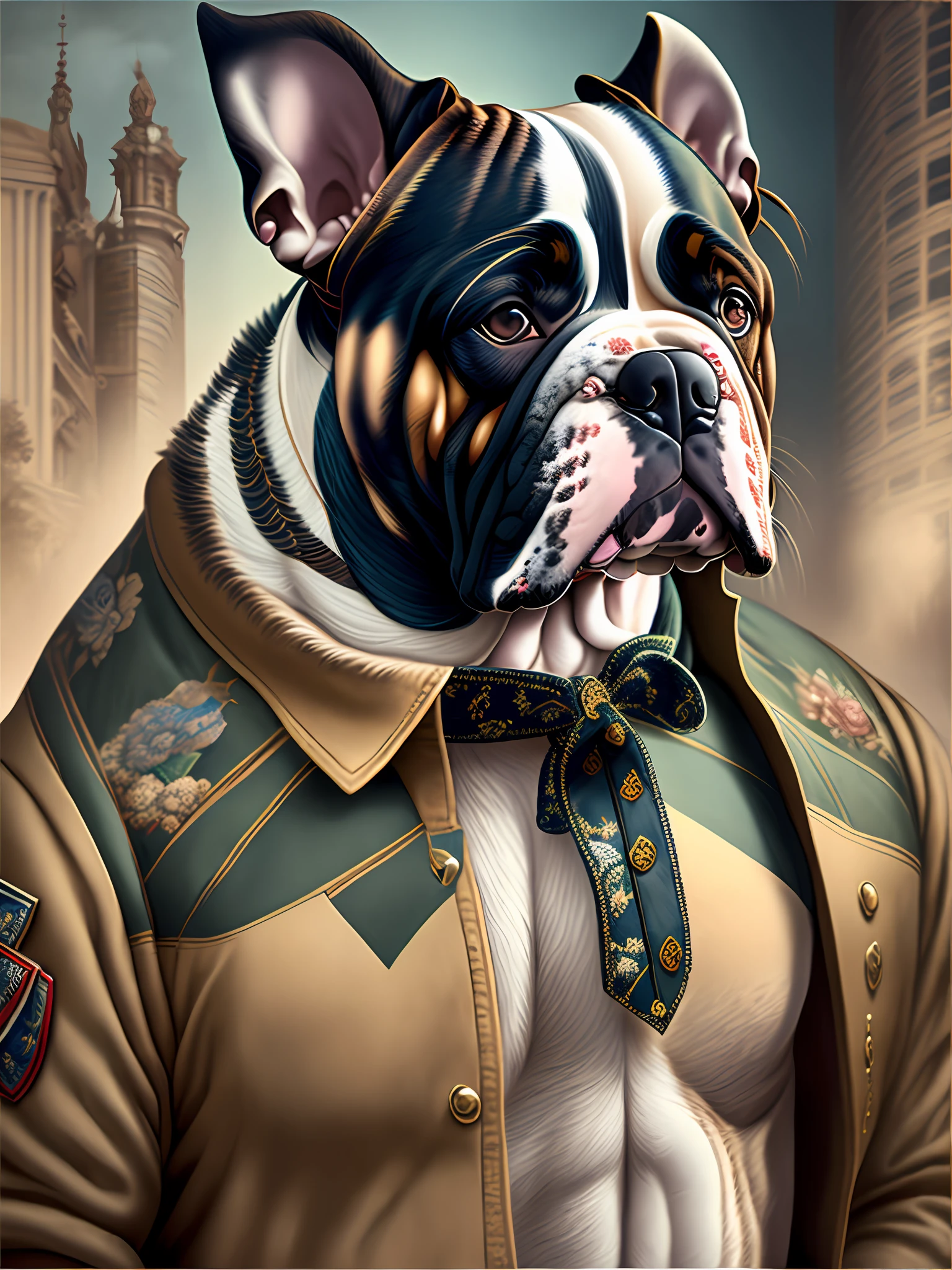 in the style of a fashion shoot, a photo of an anthropomorphic french bull dog, wearing military clothes from 1960s, fantasy, insanely detailed and intricate, hypermaximalist, elegant, hyper realistic, super detailed, photography, photorealisticçe --auto --s2