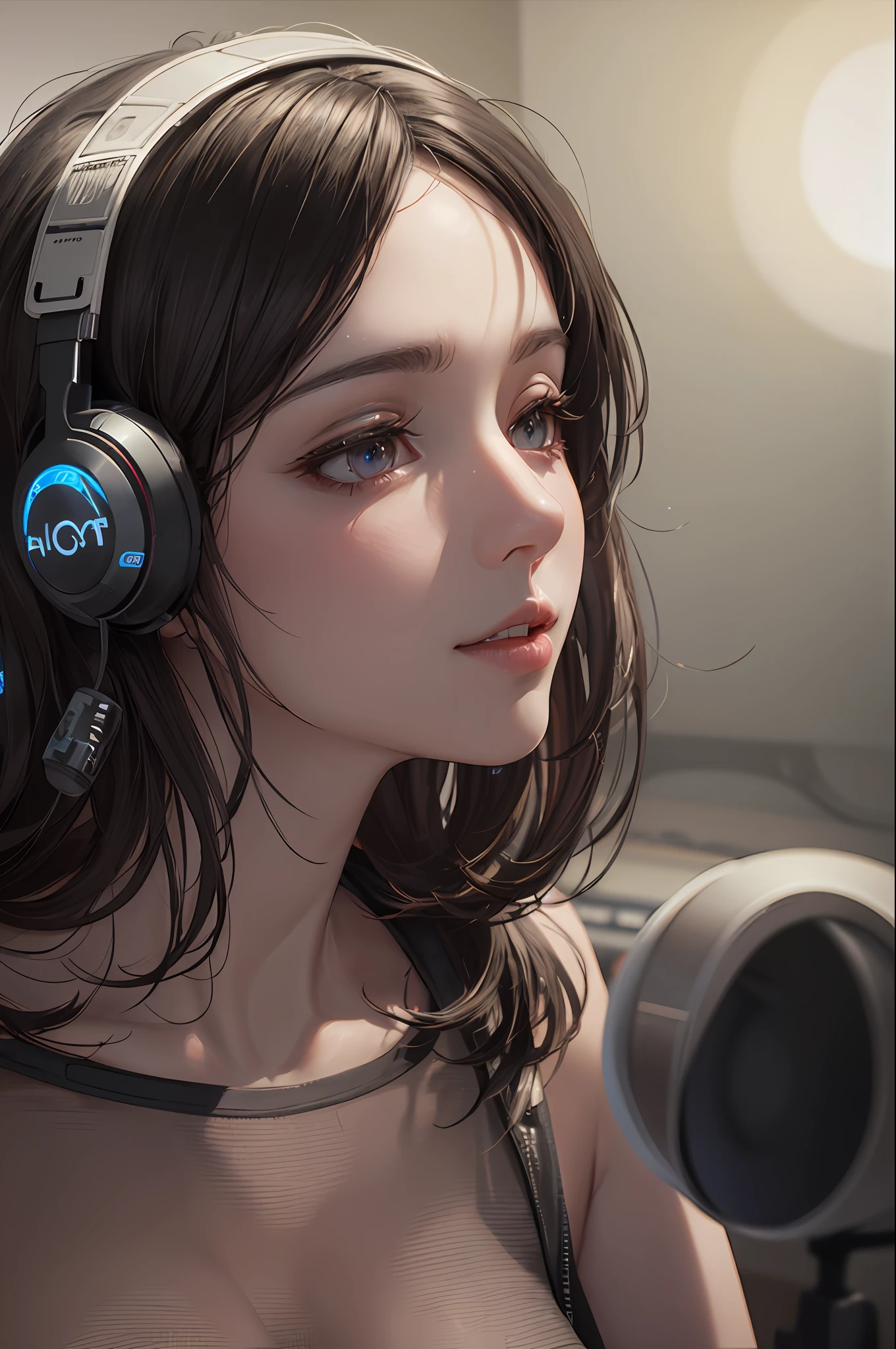 masterpiece, intricate detail, volumetric lighting, 8k hires, ultra detailed, bokeh woman music recording using headphone and condenser microphone, studio, bokeh light everywhere --auto --s2