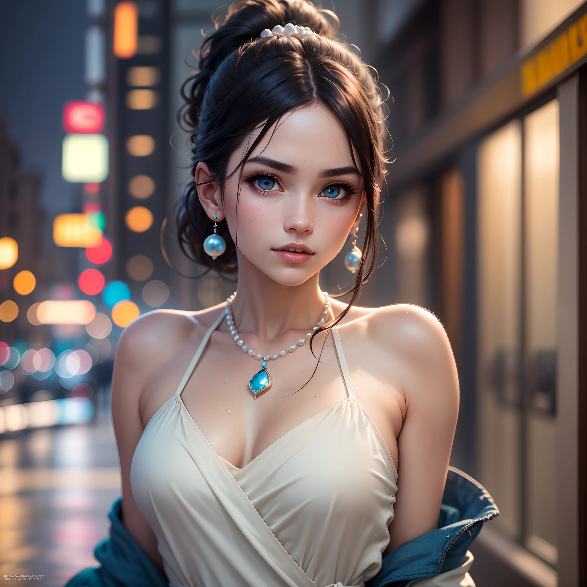 From the side, hip-up,(addielyn)), side pose, random posture, night time, (very delicate and beautiful work), (masterpiece), 1girl, streetwear, very detailed, ponytail contortion, attractive look, beautifully clear eyes, blue eye pupil, delicate pearl necklace, delicate earrings, simple blurred background, very detailed description, beautiful, attractive, Ultra fine painting, delicate face, delicate figure, fine collarbone, lovely lips, soft back, mix4, (8k, RAW photo, top quality, masterpiece: 1.2), (realistic, photorealistic: 1.37), 1 girl, cute, cityscape, night, rain, wet, professional lighting, photon mapping, radiosity, physically based rendering, on the waist, --auto --s2