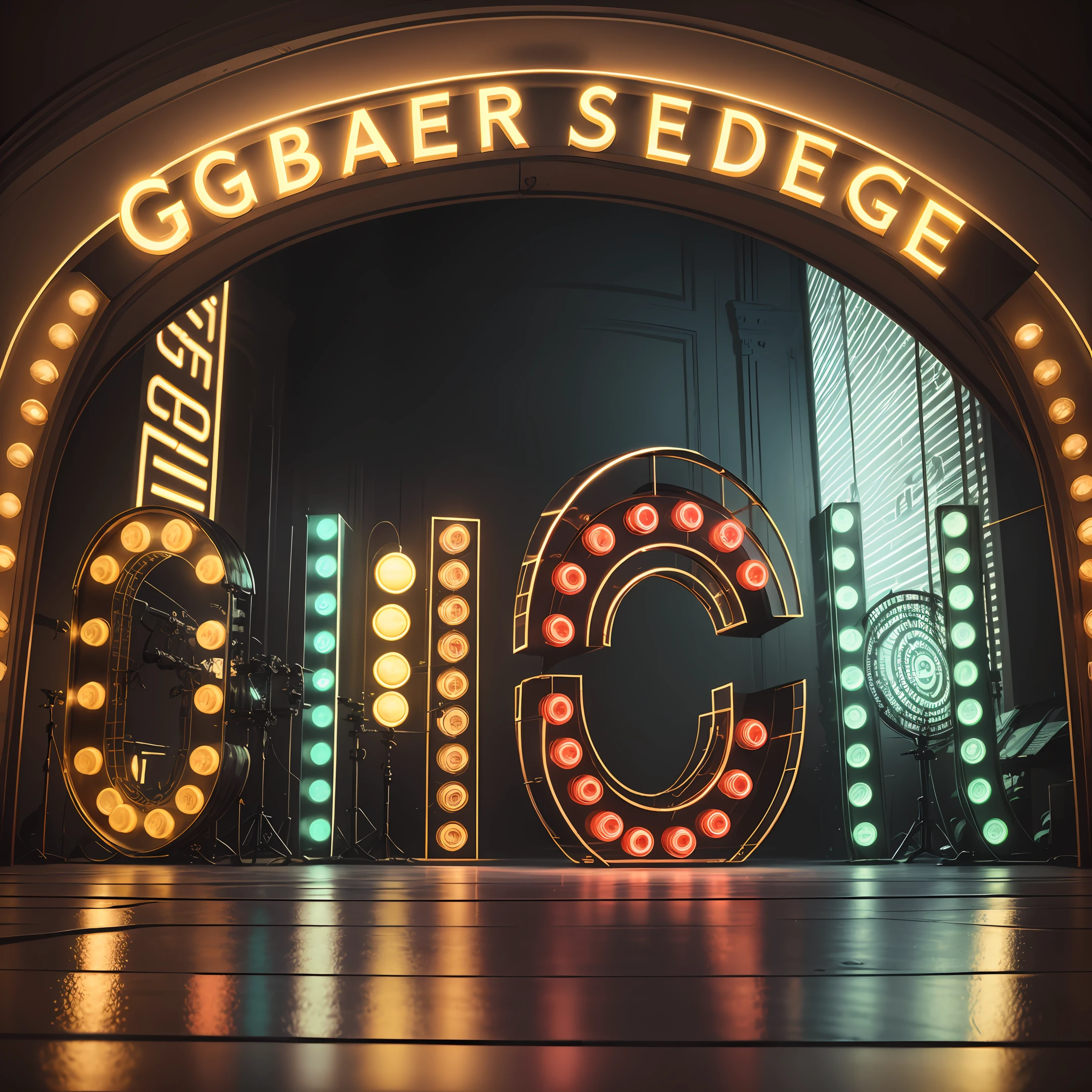 Retro stage scenery, led lights circular arches, Retro cabaret music stage, letter "G" in neon lights, vintage lights, Panorama wide angle view, Argon lamp, Light reflectors, Side light reflectors, Yellow lights, Symmetrical construction, aligned elements, symmetry, high detailed, ultra realistic --auto --s2