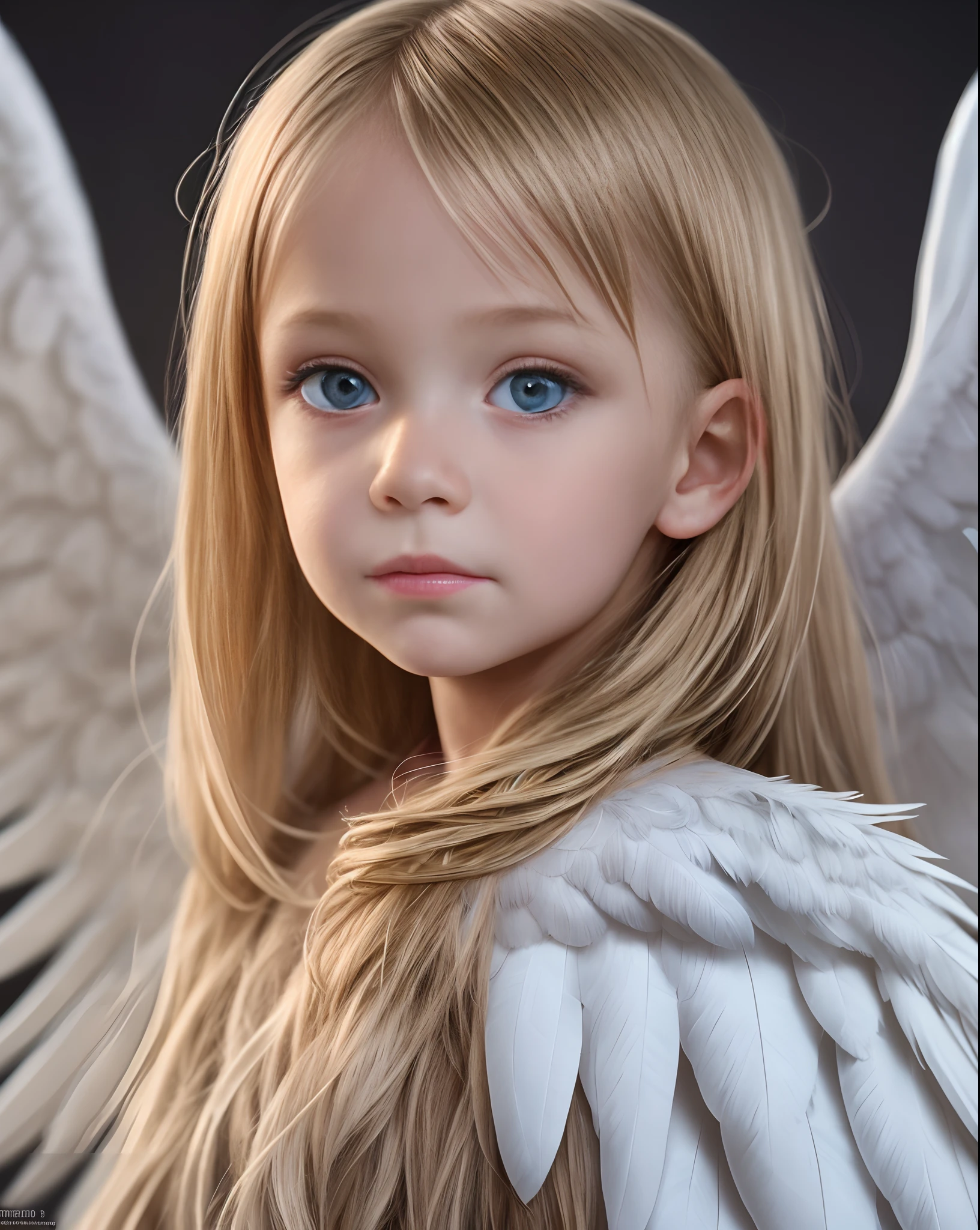 ultra realistic photography, RAW photography, 1 blonde child, beautiful 5 year old child on a dark background, angelic clothes, with feathered wings, beautiful face, normal eyes, caricature, Detailed face] --auto --s2