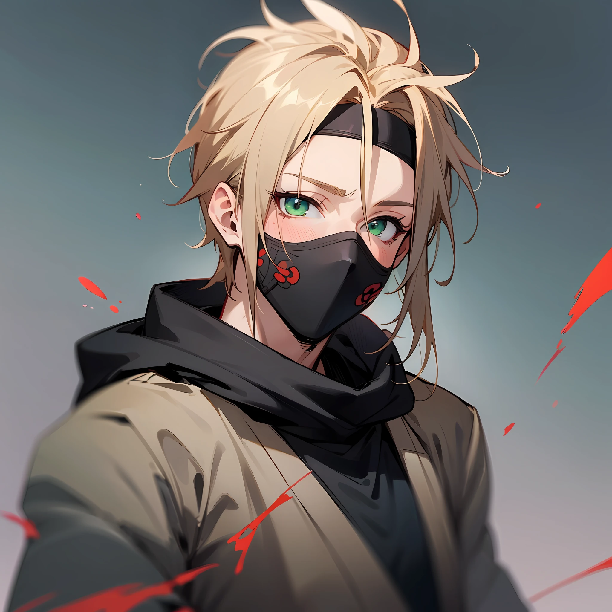 8K Imagine . A boy ninja, with black hood and bloody katana , perfect body and face covered with dark blonde hair, green eyes in . Anime style . --auto --s2
