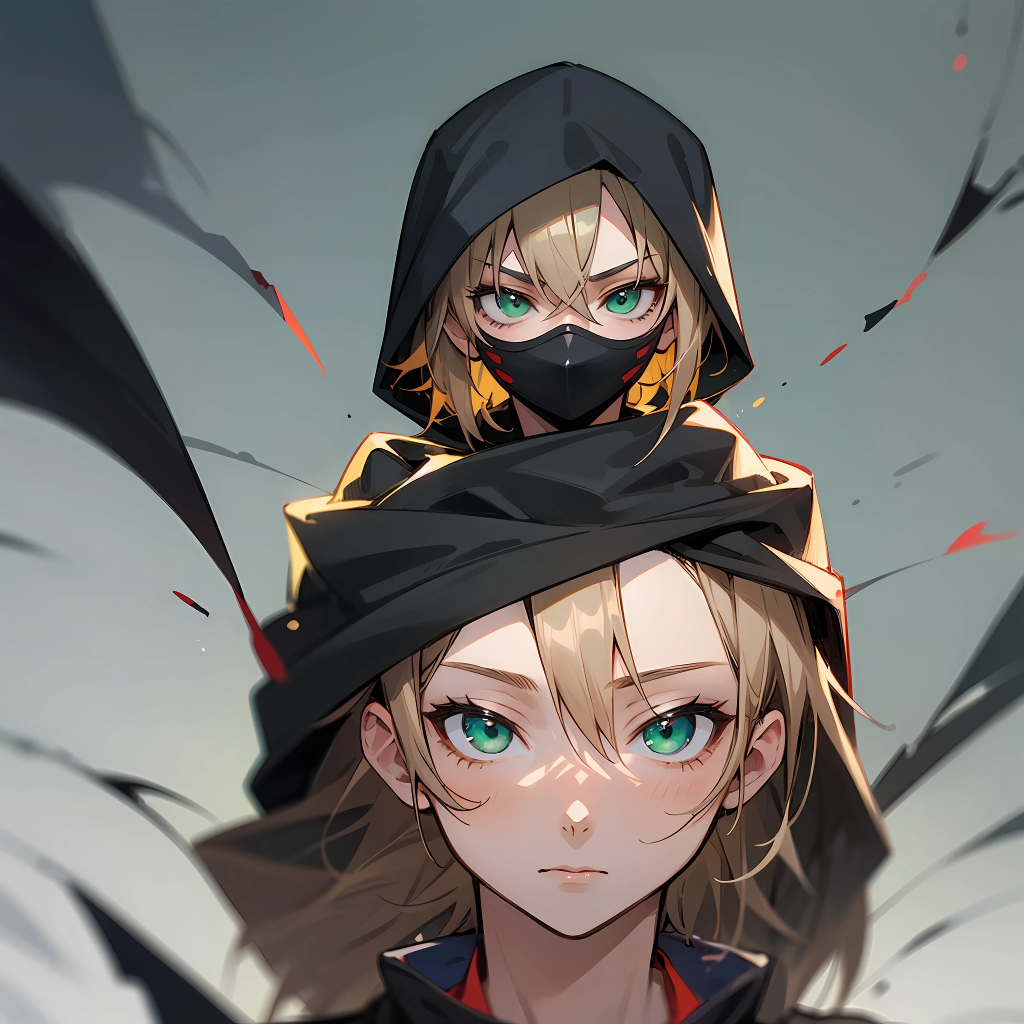 8K Imagine . A boy ninja, with black hood and bloody katana , perfect body and face covered with dark blonde hair, green eyes in . Anime style . --auto --s2