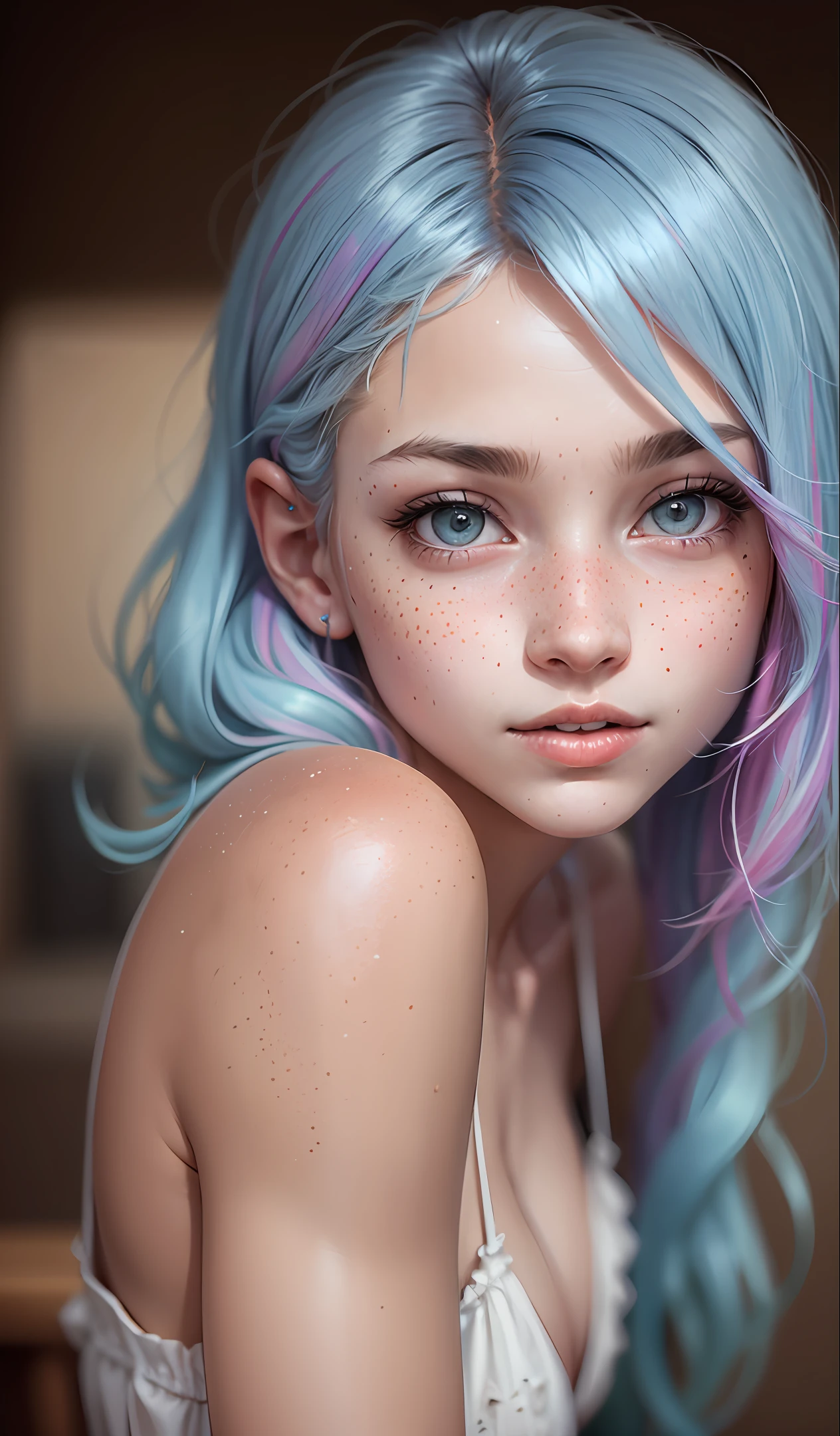 photo of beautiful age 18 girl, pastel hair, freckles sexy, beautiful, close up, young, dslr, 8k, 4k, ultrarealistic, realistic, natural skin, textured skin --auto --s2