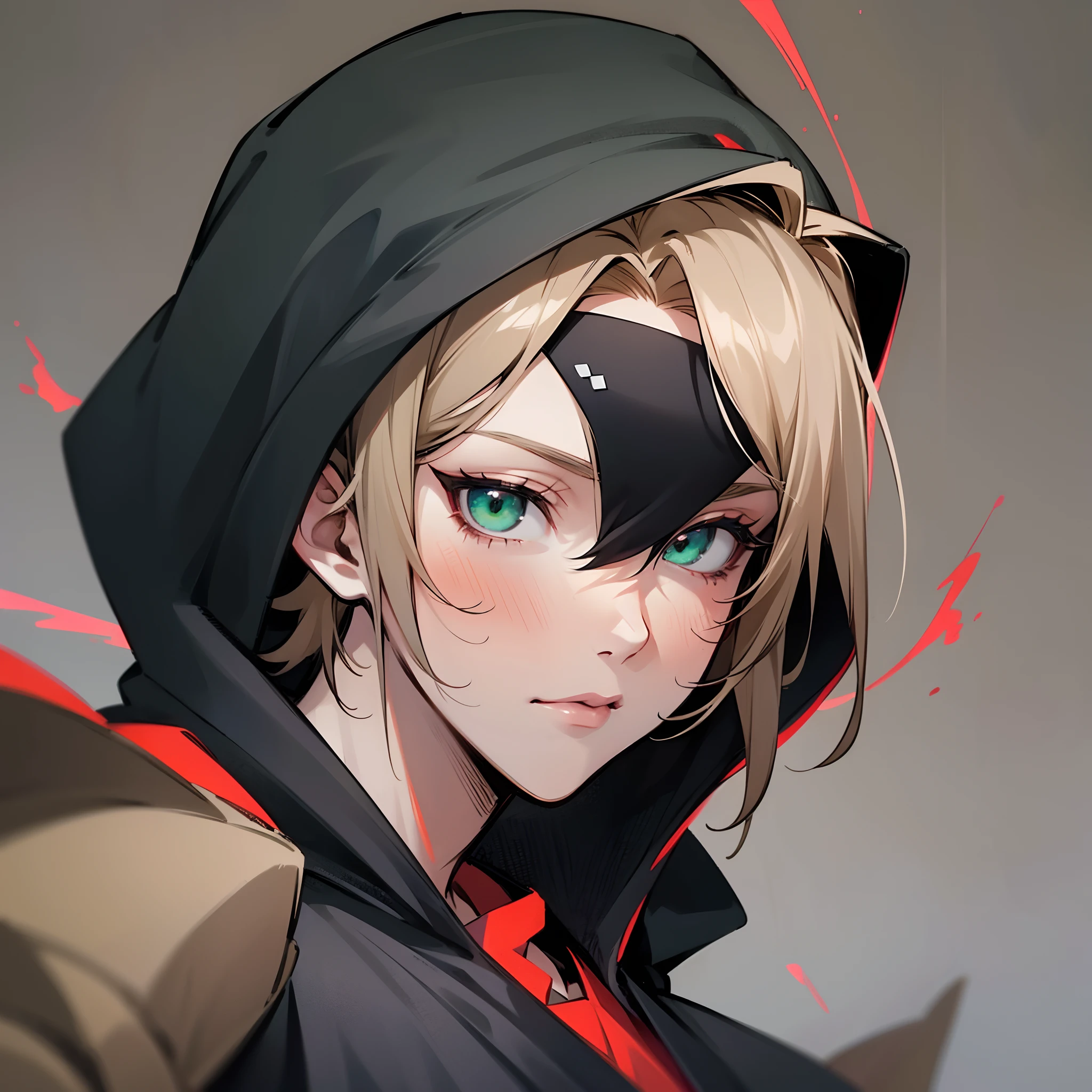 8K Imagine . A boy ninja, with black hood and bloody katana , perfect body and face covered with dark blonde hair, green eyes in . Anime style and without background . --auto --s2