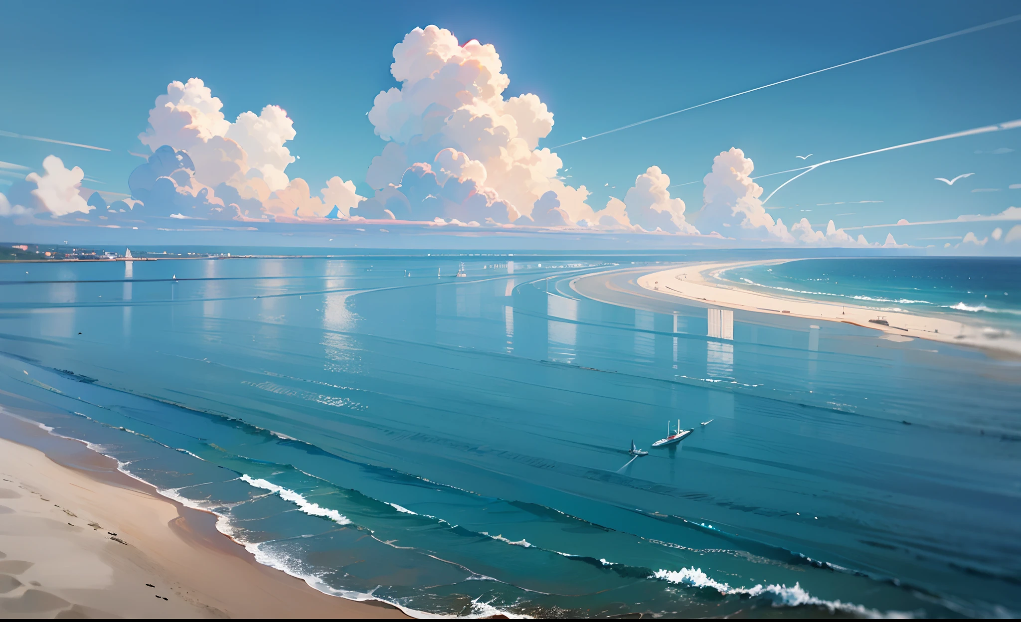 (masterpiece, best quality:1.1), bird's eye view, asymmetrical, blue ocean, low tide, sea waves, coastal road, sandy beach, piers, sailboats, yachts, ship wake, contrail, cars, tourists, lighthouse, seagulls, horizon, breeze, summer, morning, sunny, cloud, calm, fresh air, depth of field --auto --s2