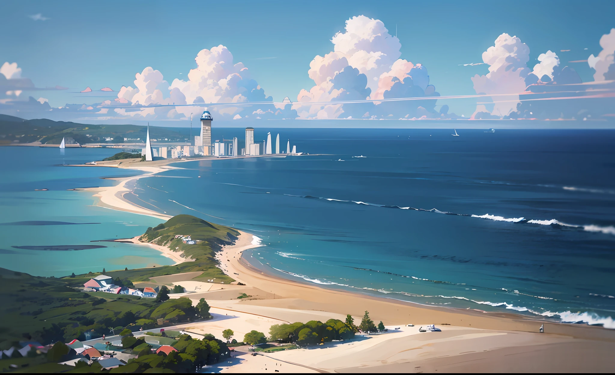 (masterpiece, best quality:1.1), bird's eye view, asymmetrical, blue ocean, low tide, sea waves, coastal road, sandy beach, piers, sailboats, yachts, ship wake, contrail, cars, tourists, lighthouse, seagulls, horizon, breeze, summer, morning, sunny, cloud, calm, fresh air, depth of field --auto --s2