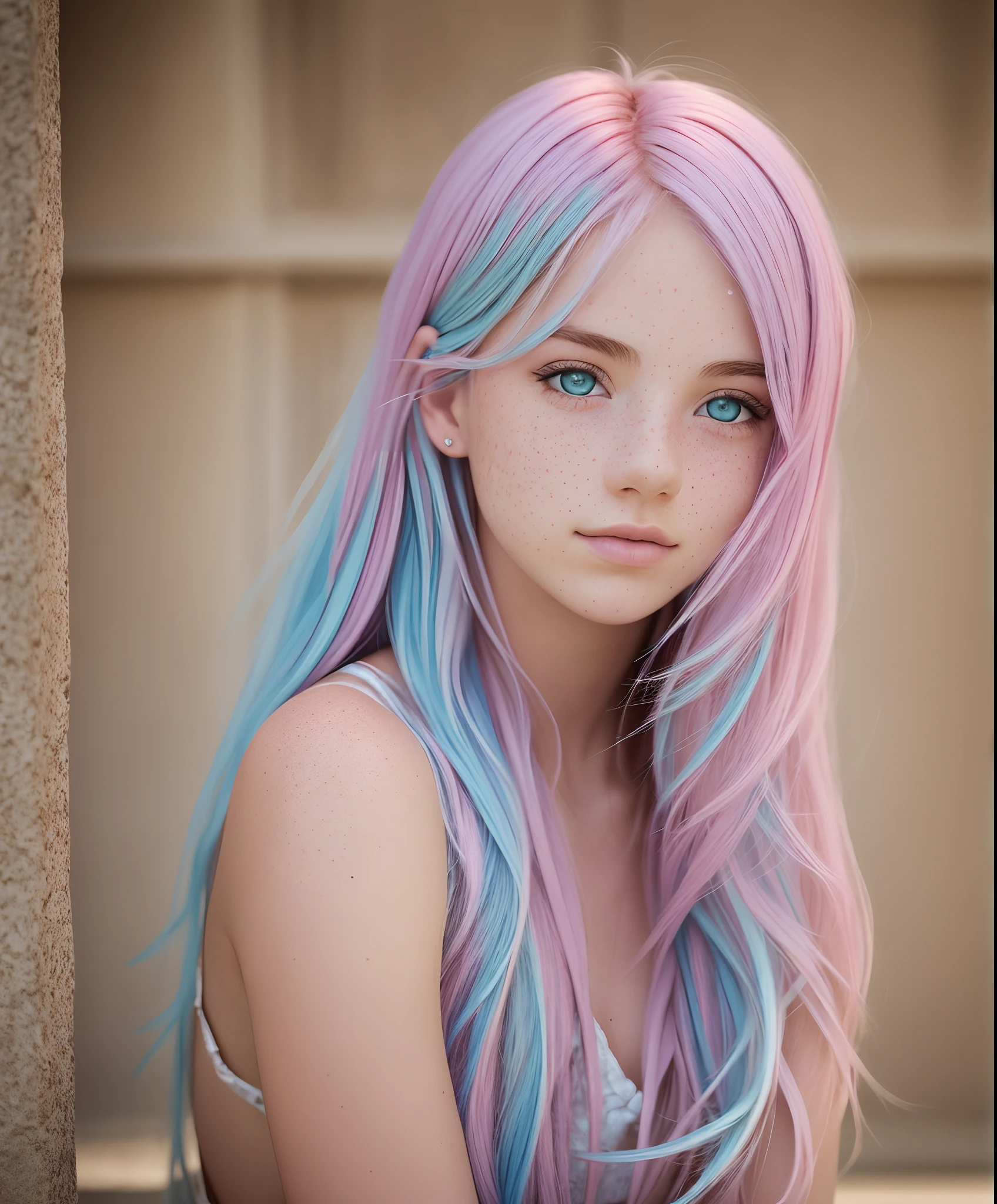 photo of beautiful age 18 girl, pastel hair, freckles sexy, beautiful, close up, young, dslr, 8k, 4k, ultrarealistic, realistic, natural skin, textured skin --auto --s2