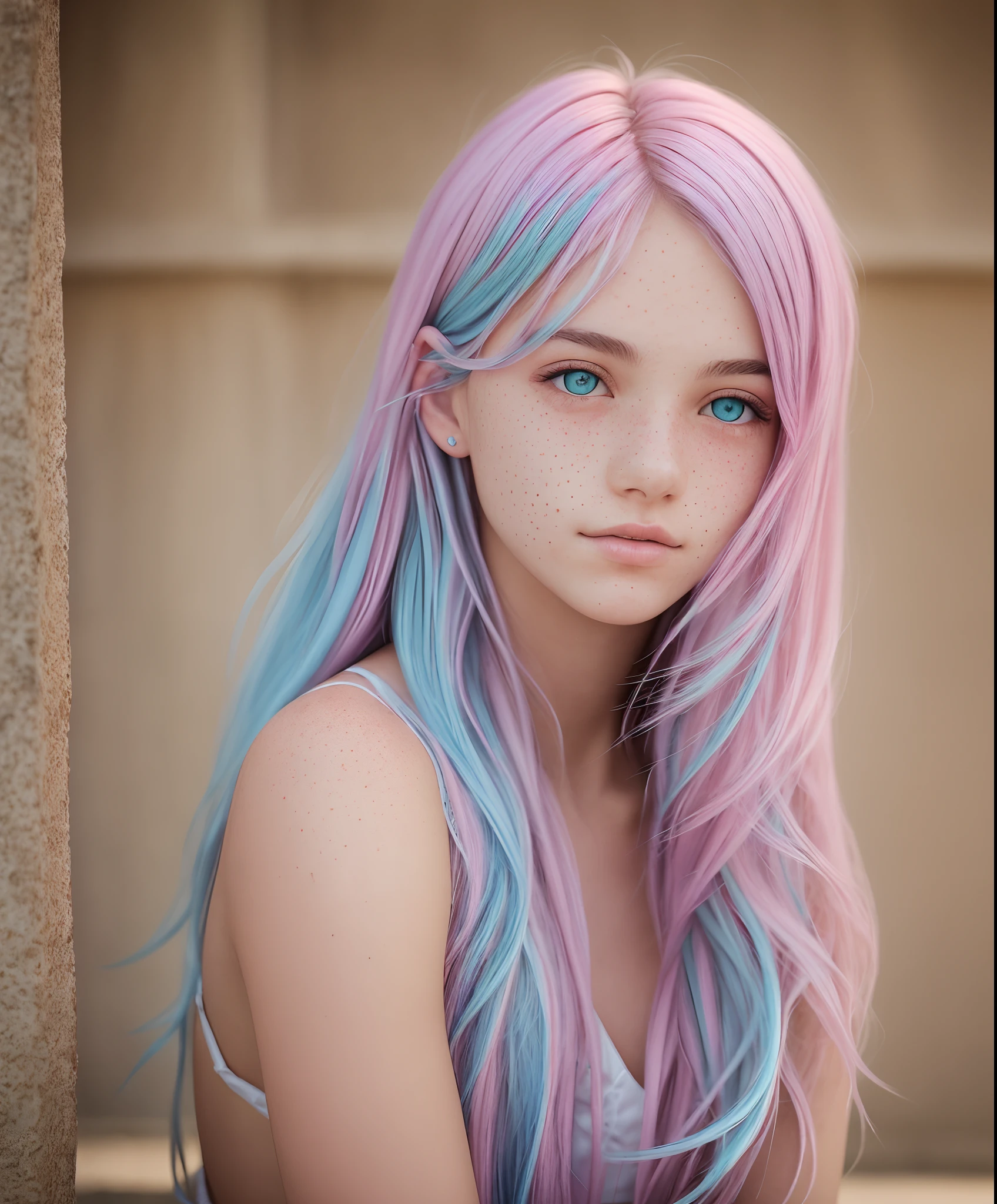 photo of beautiful age 18 girl, pastel hair, freckles sexy, beautiful, close up, young, dslr, 8k, 4k, ultrarealistic, realistic, natural skin, textured skin --auto --s2