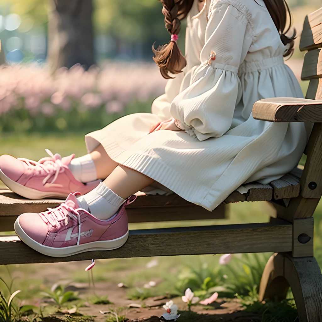 masterpiece, best quality, 1girl, solo, braid, twin braids, brown hair, hat, female child, sitting on wooden chair, outdoors, open mouth, flower, shoes, cherry blossoms, looking at viewer , dress, tree, brown eyes, white headwear, long hair, full body, blush stickers , grass, daytime, blurry, long sleeves, bangs, socks, pink footwear, white dress, sneakers, teeth, blurred background, head close- up shot, depth of field --auto --s2