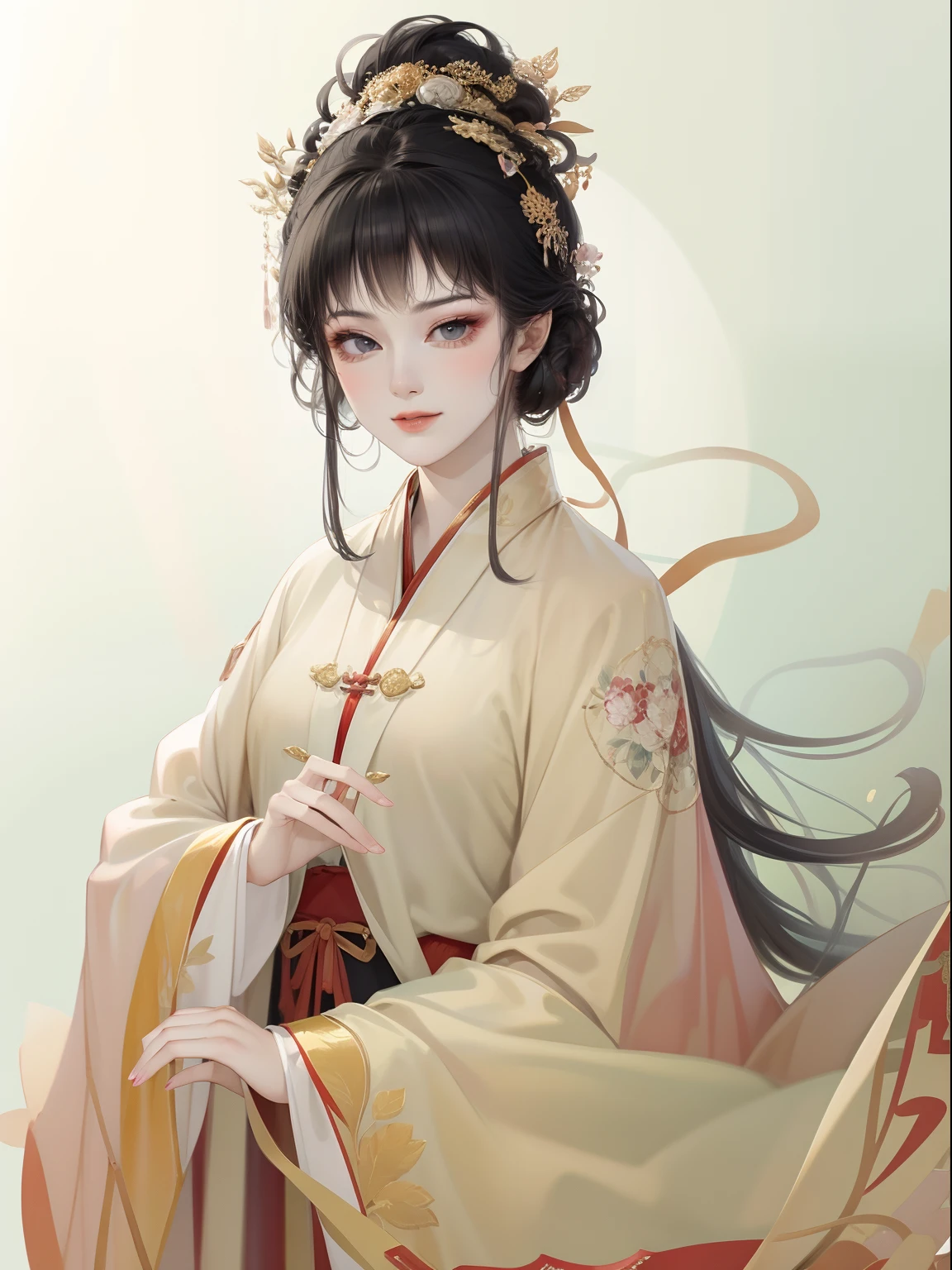 A beautiful girl in ancient China，The facial features are delicate and fair，Cool temperament，Red clothes，Black hair coiled into a bun，Wears a gold coat on his head，Chinese Song Dynasty clothing，Red gold maxi dress，Long black hair, rays of sunshine，Clear face，ultraclear，tmasterpiece，ultra - detailed，high qulity，HighestQuali，The main color is red，Background simple elements。Invisible hands，No hands。