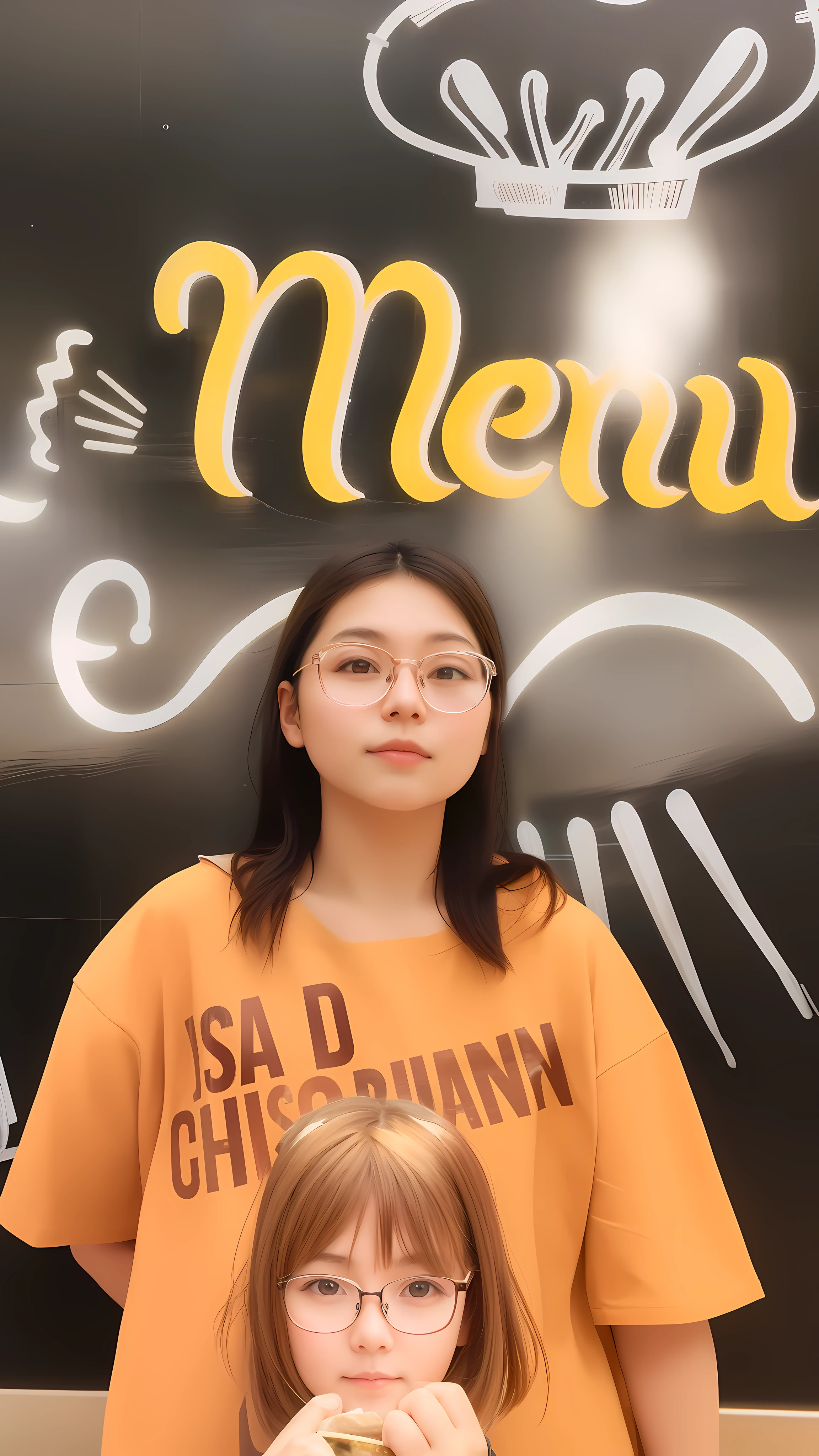 A girl wearing glasses reflecting led light standing infront of a restaurant wall, realistic, lookalike, look alike
