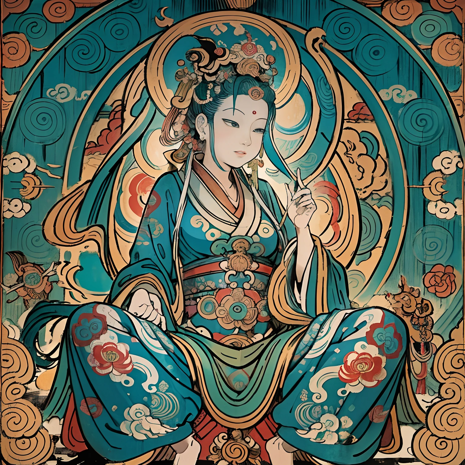 an ancient Chinese goddess, guanyin of the southern seas, Guanyin, Inspired by India, Avalokiteshvara rides a lion,,Serene expression,shui mo hua,Buddha,Buddhist,Lotus,Chinese painting style,Thangka style
