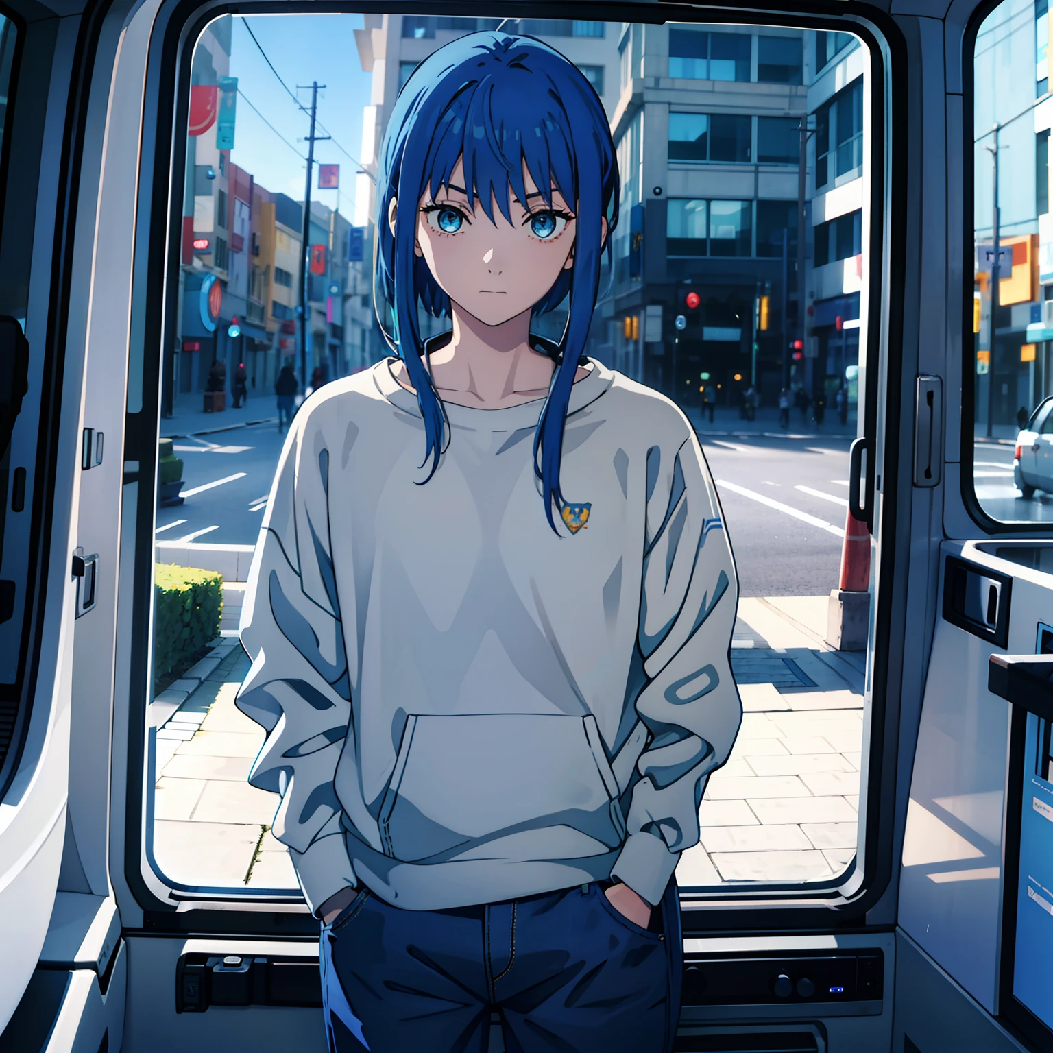 femele,blue hair,Sweatshirt,denim pant,serious