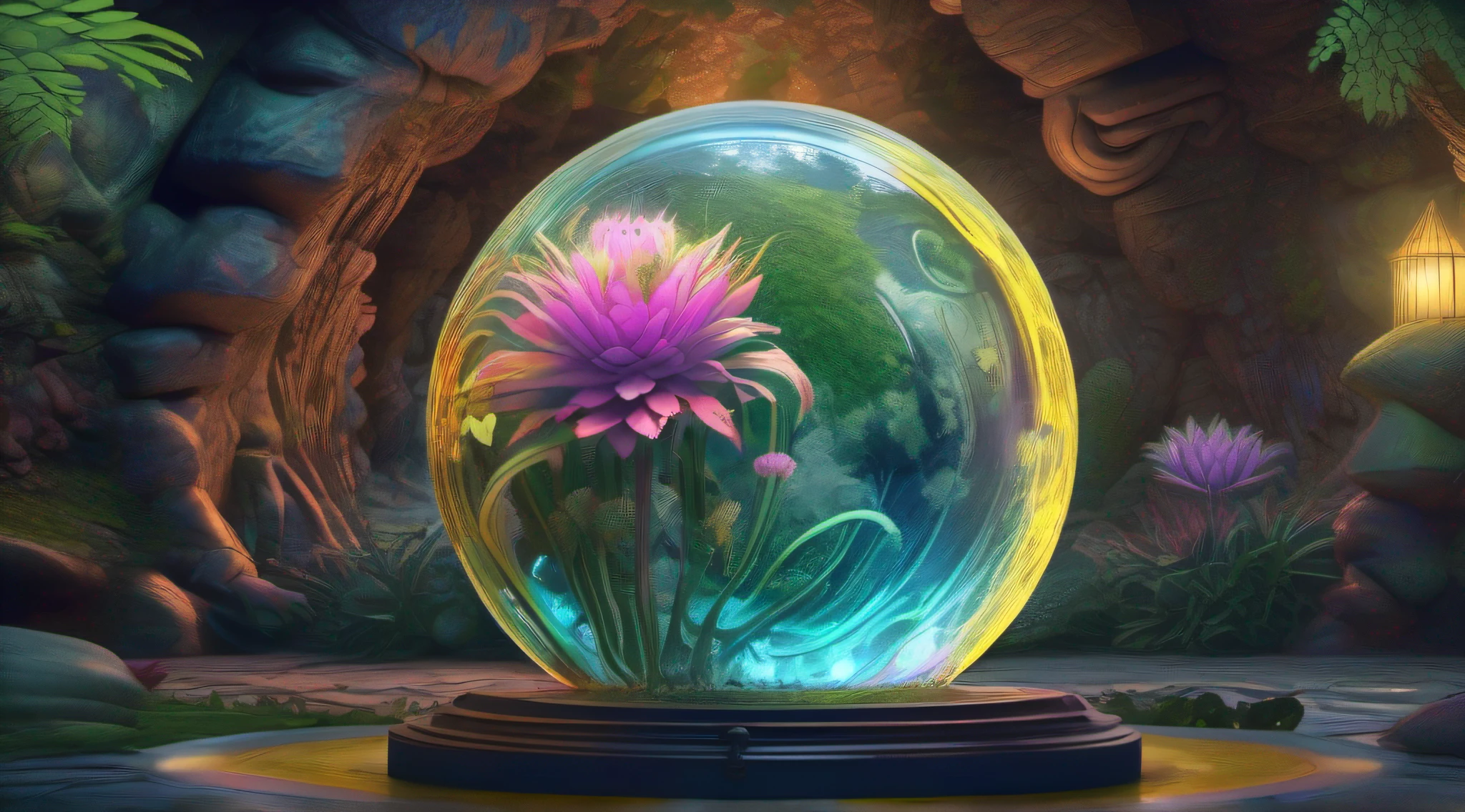 Glass sphere containing an alien biome of exotic flowers, sphere rests on mossy lawn inside a cave with walls studded with gleaming minerals, intricate details, fantasy art, art by Clemilton Barbosa, award-winning art, 8k, Very detailed background, Extreme light and shadow,( Detailed eyes), ( beautiful)  perfect lighting, (extremely detailed 8k illustrated wallpaper), (masterpiece), (best quality), (ultra detailed),(best illustration), (Best shadow), vivid colors