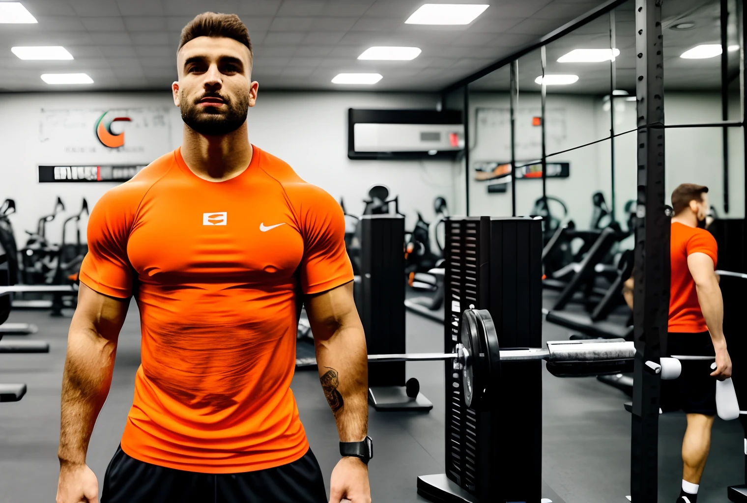 An athletic man is wearing a basic orange T-shirt.  Idade 26 anis. He's inside a bodybuilding gym. Rosto evidente bem detalhado
