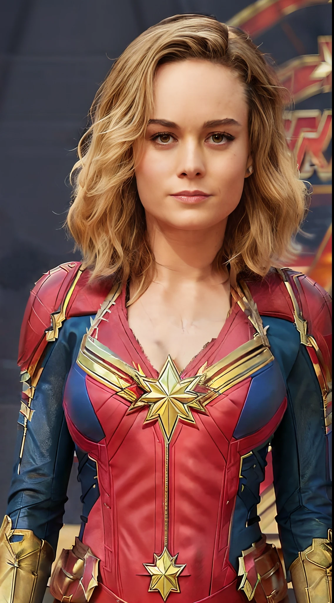 Brie Larson, Medium hair, Full body portrait, Wear a Captain Marvel costume, Sexy, cleavage, breast to show