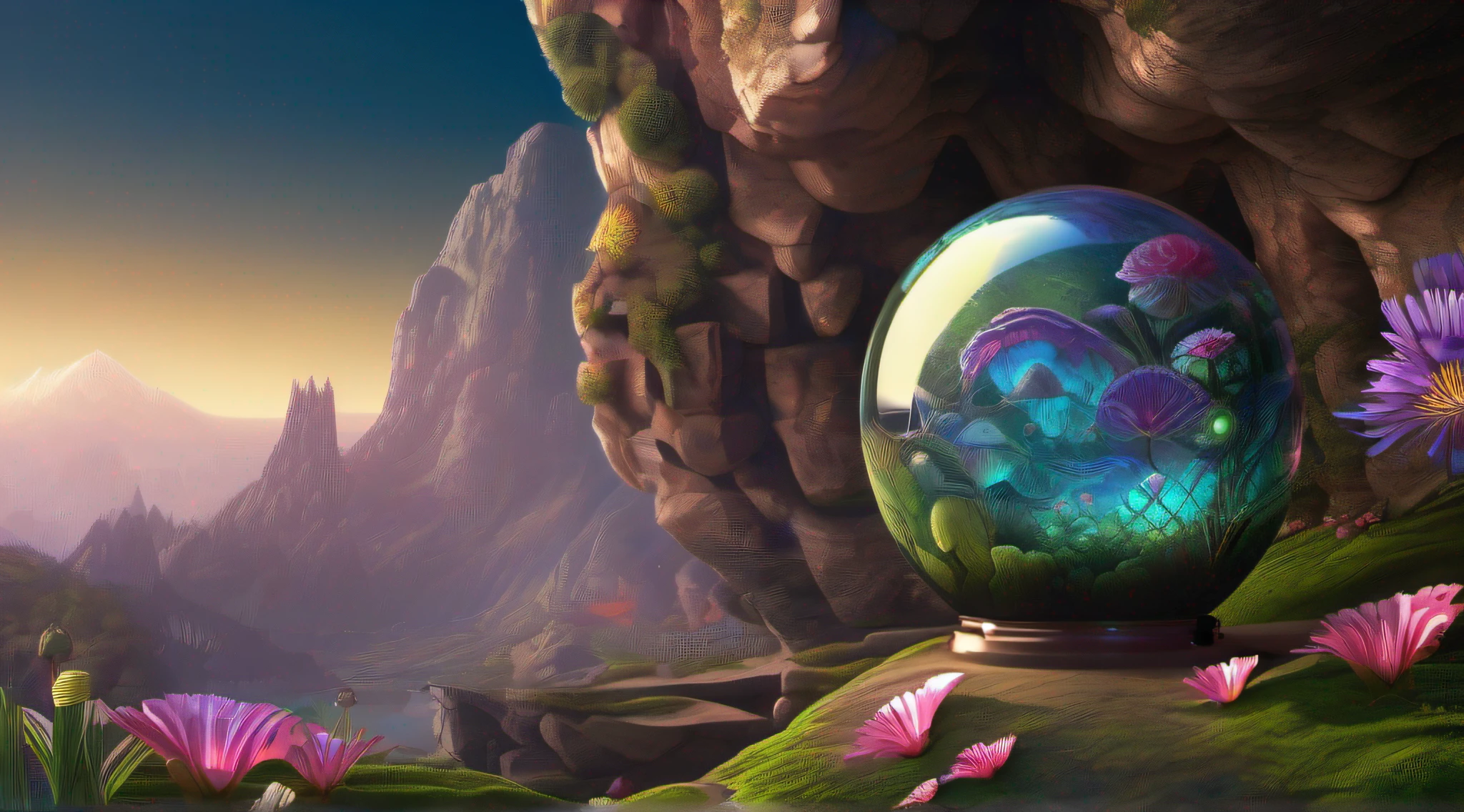 Glass sphere containing an alien biome of exotic flowers, sphere rests on mossy lawn inside a cave with walls studded with gleaming minerals, intricate details, fantasy art, art by Clemilton Barbosa, award-winning art, 8k, Very detailed background, Extreme light and shadow,( Detailed eyes), ( beautiful)  perfect lighting, (extremely detailed 8k illustrated wallpaper), (masterpiece), (best quality), (ultra detailed),(best illustration), (Best shadow), vivid colors