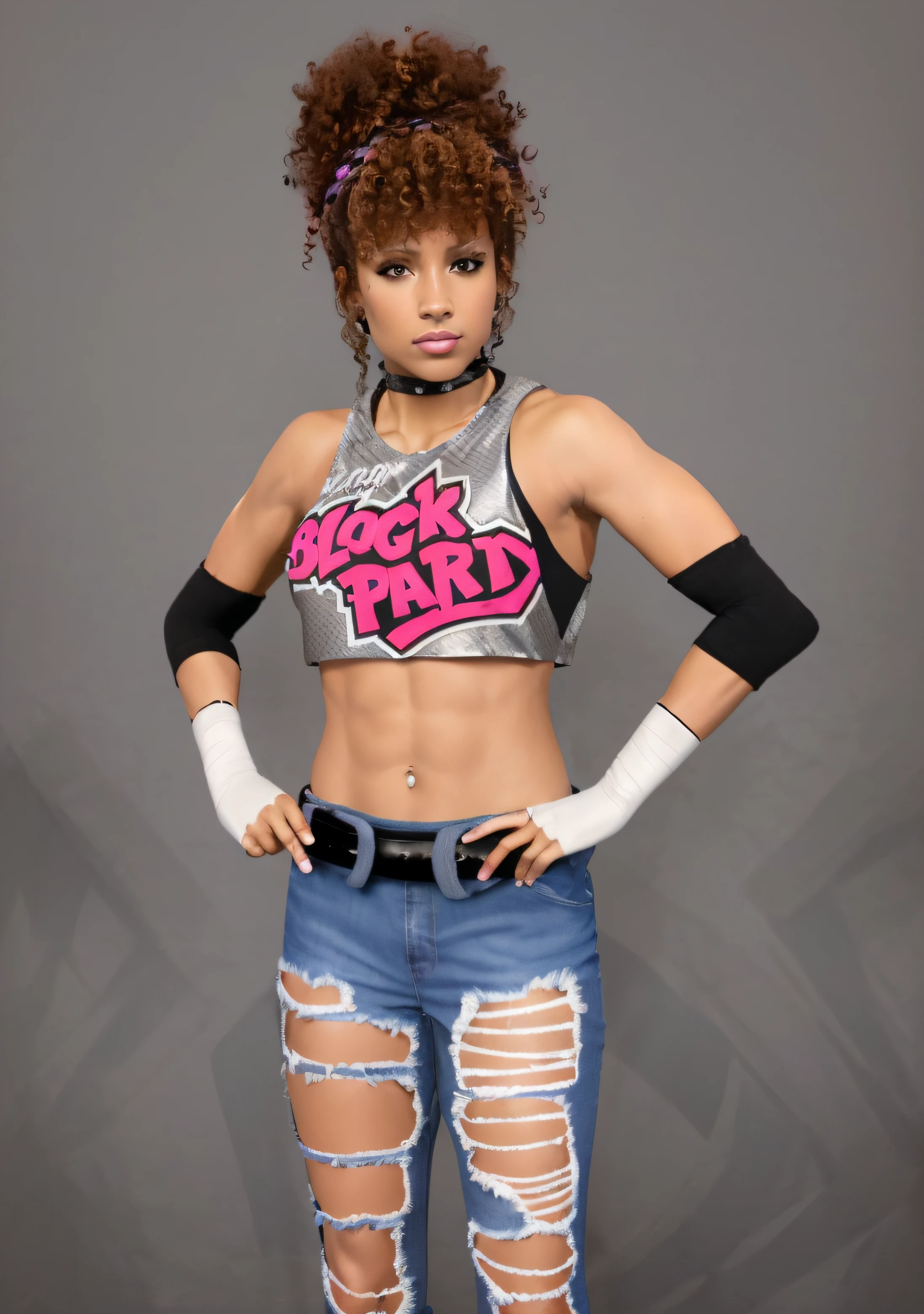((masterpiece, best quality)), Curly brown haired Afro-Latina female wrestler, in black bra, ((silver black and pink cutoff shirt that says "BLOCK PARTY")), black elbow pads, white wrist tape, blue ripped jeans with a black leather belt , black choker, photo realistic, intricate details