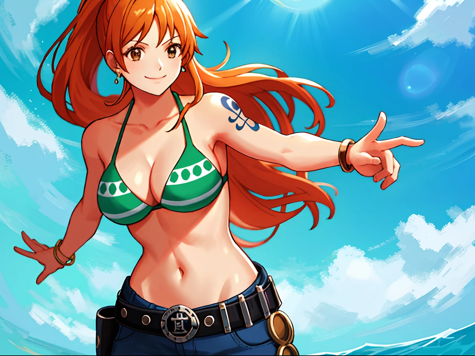 detailed background, masterpiece, best quality, 1girl, solo, nami \(one piece\), 1girl, bangle, muscular arms, pointing up, bangs, bare shoulders, belt, bikini, bikini top only, blue sky, bracelet, breasts, brown eyes, bubble, cleavage, cloud, cowboy shot, day, denim, earrings, floating hair, very wide high ponytail, long wide ponytail, green belt, green bikini, groin, jeans, jewelry, large breasts, log pose, long hair, looking at viewer, navel, orange hair, pants, shoulder tattoo, sidelocks, sky, smile, solo, standing, stomach, swimsuit, tattoo , looking at viewer